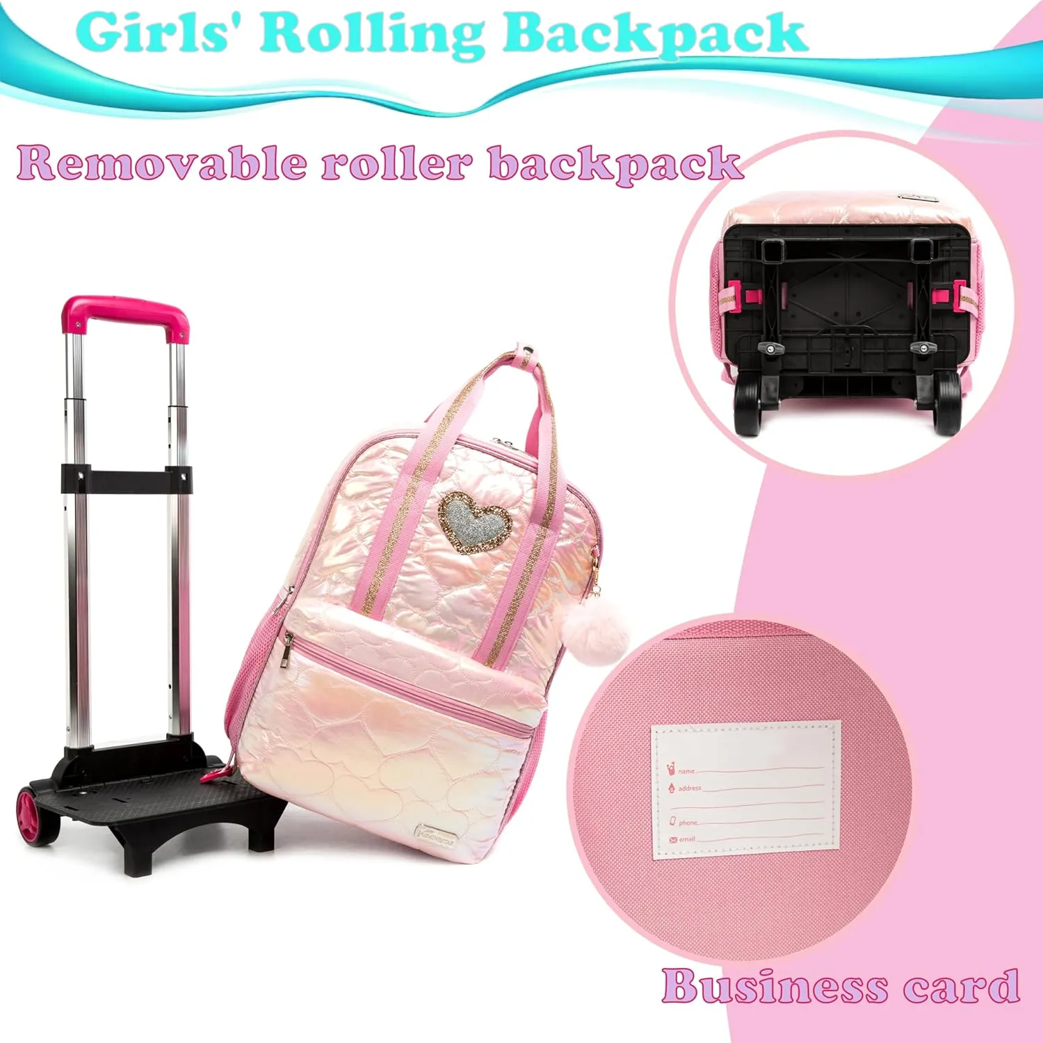 Egchescebo Kids Rolling Backpack for Girls Detachable 17" Flamingo Childrens Luggage with Wheels Toddler Travel Suitcase Backpacks Girl Down Material Kid Lunch Bookbag Escolares Elementary Pink