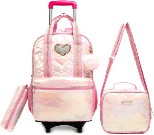 Egchescebo Kids Rolling Backpack for Girls Detachable 17" Flamingo Childrens Luggage with Wheels Toddler Travel Suitcase Backpacks Girl Down Material Kid Lunch Bookbag Escolares Elementary Pink
