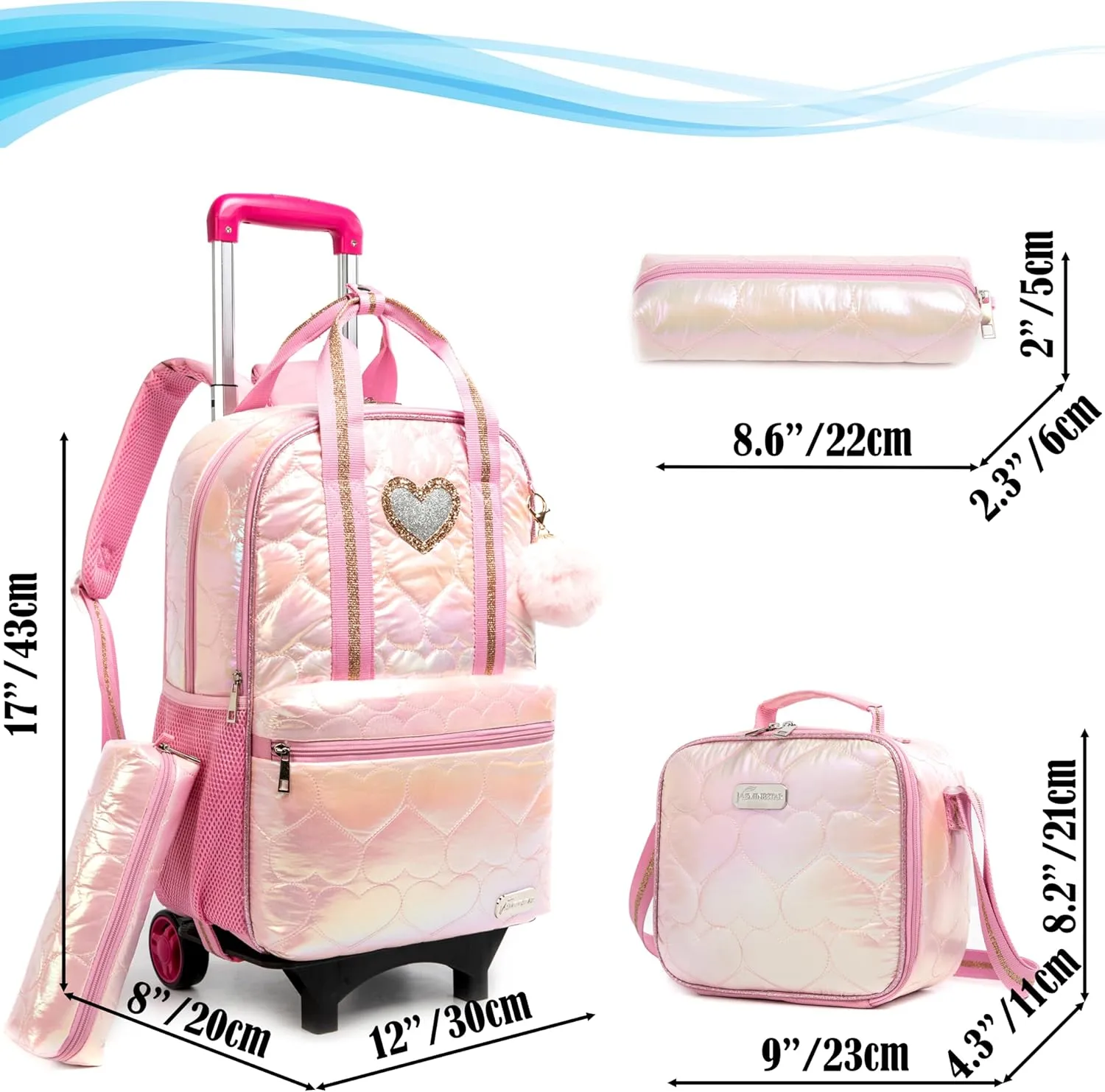 Egchescebo Kids Rolling Backpack for Girls Detachable 17" Flamingo Childrens Luggage with Wheels Toddler Travel Suitcase Backpacks Girl Down Material Kid Lunch Bookbag Escolares Elementary Pink