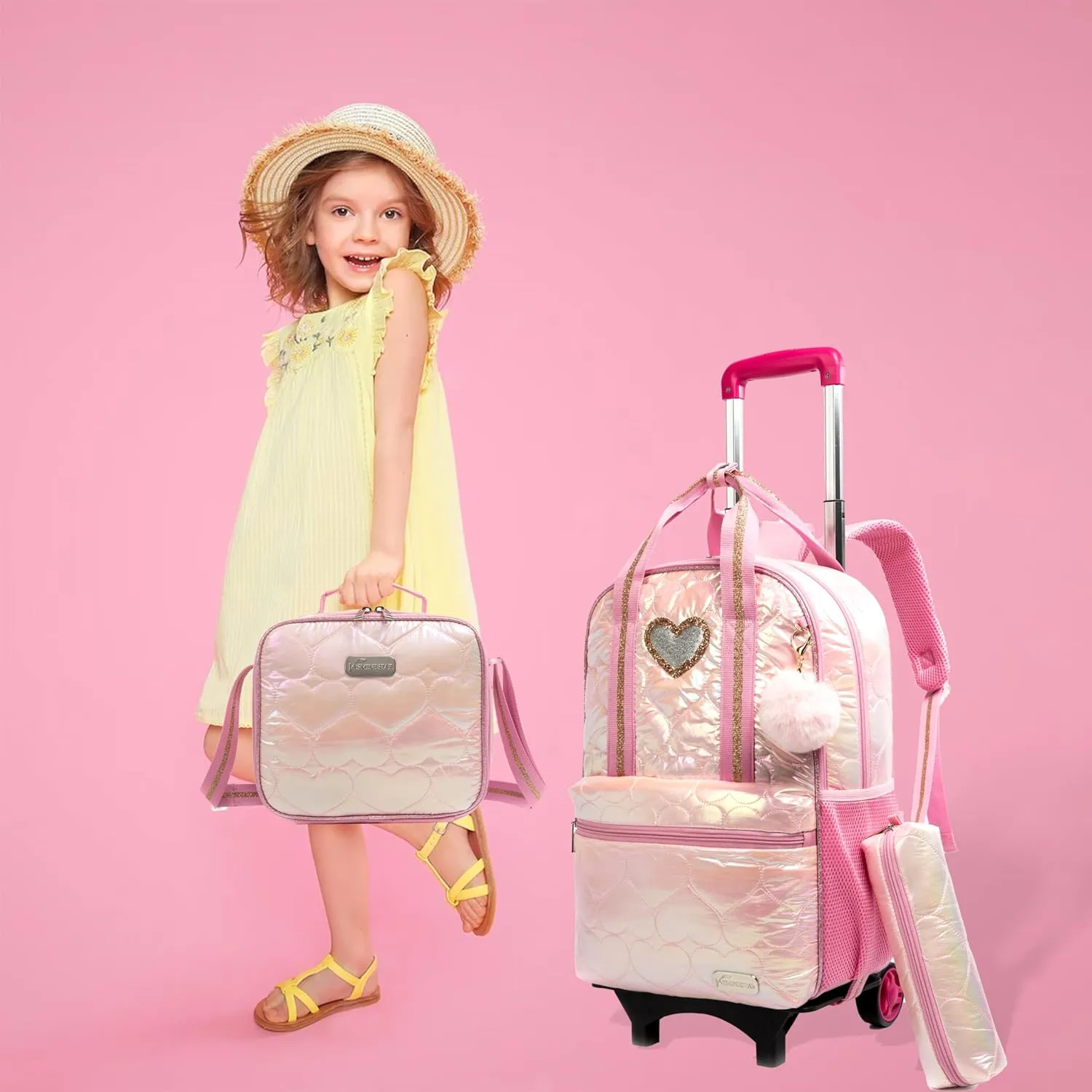 Egchescebo Kids Rolling Backpack for Girls Detachable 17" Flamingo Childrens Luggage with Wheels Toddler Travel Suitcase Backpacks Girl Down Material Kid Lunch Bookbag Escolares Elementary Pink
