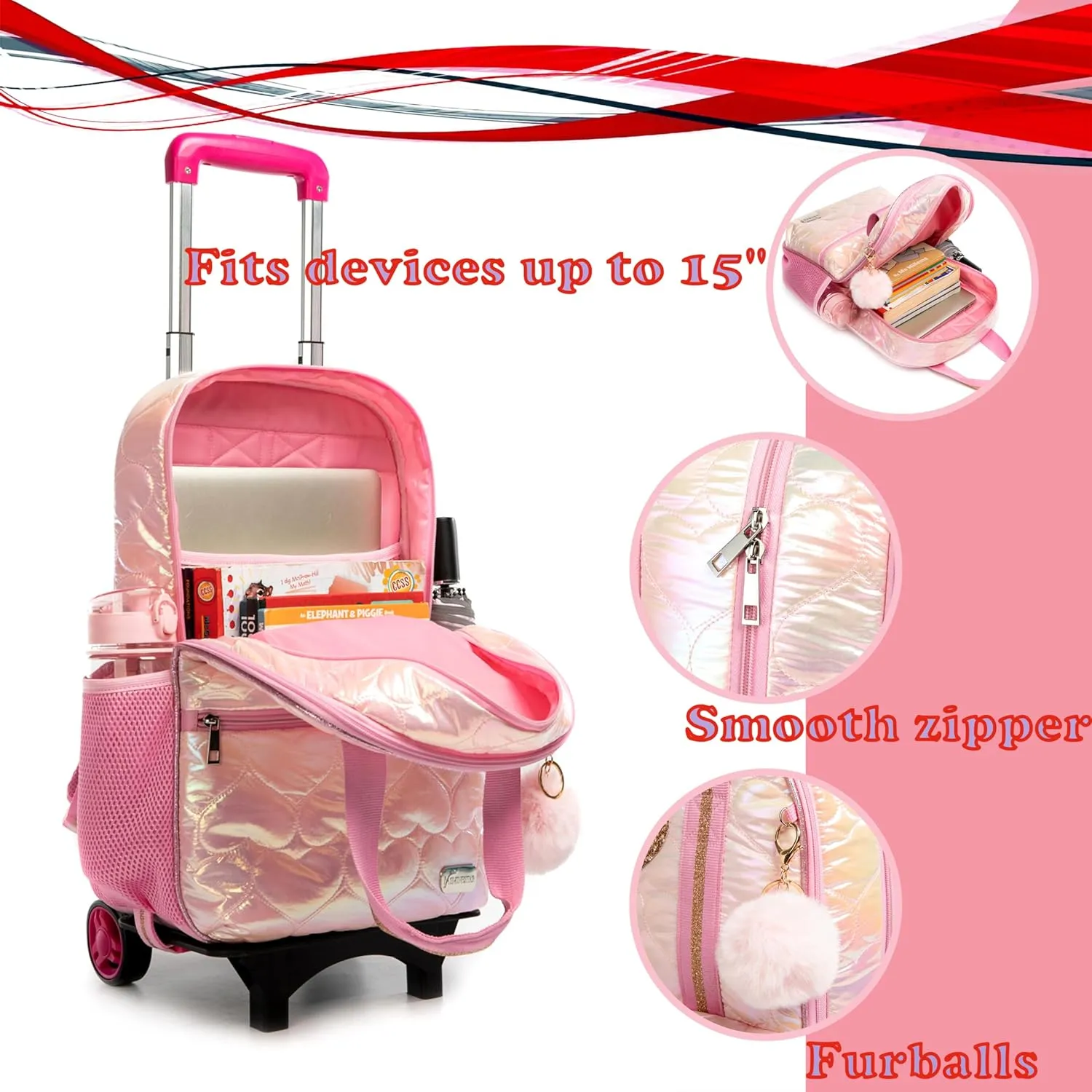 Egchescebo Kids Rolling Backpack for Girls Detachable 17" Flamingo Childrens Luggage with Wheels Toddler Travel Suitcase Backpacks Girl Down Material Kid Lunch Bookbag Escolares Elementary Pink