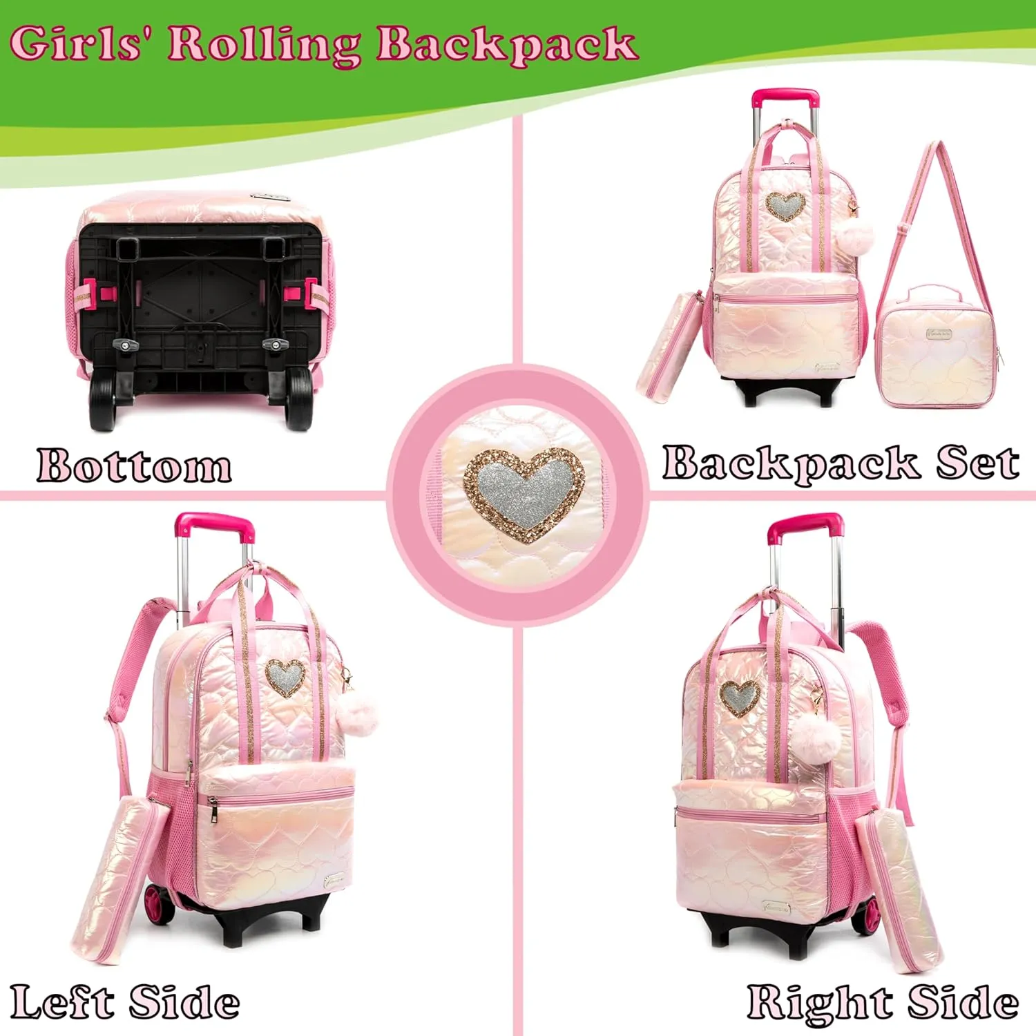 Egchescebo Kids Rolling Backpack for Girls Detachable 17" Flamingo Childrens Luggage with Wheels Toddler Travel Suitcase Backpacks Girl Down Material Kid Lunch Bookbag Escolares Elementary Pink