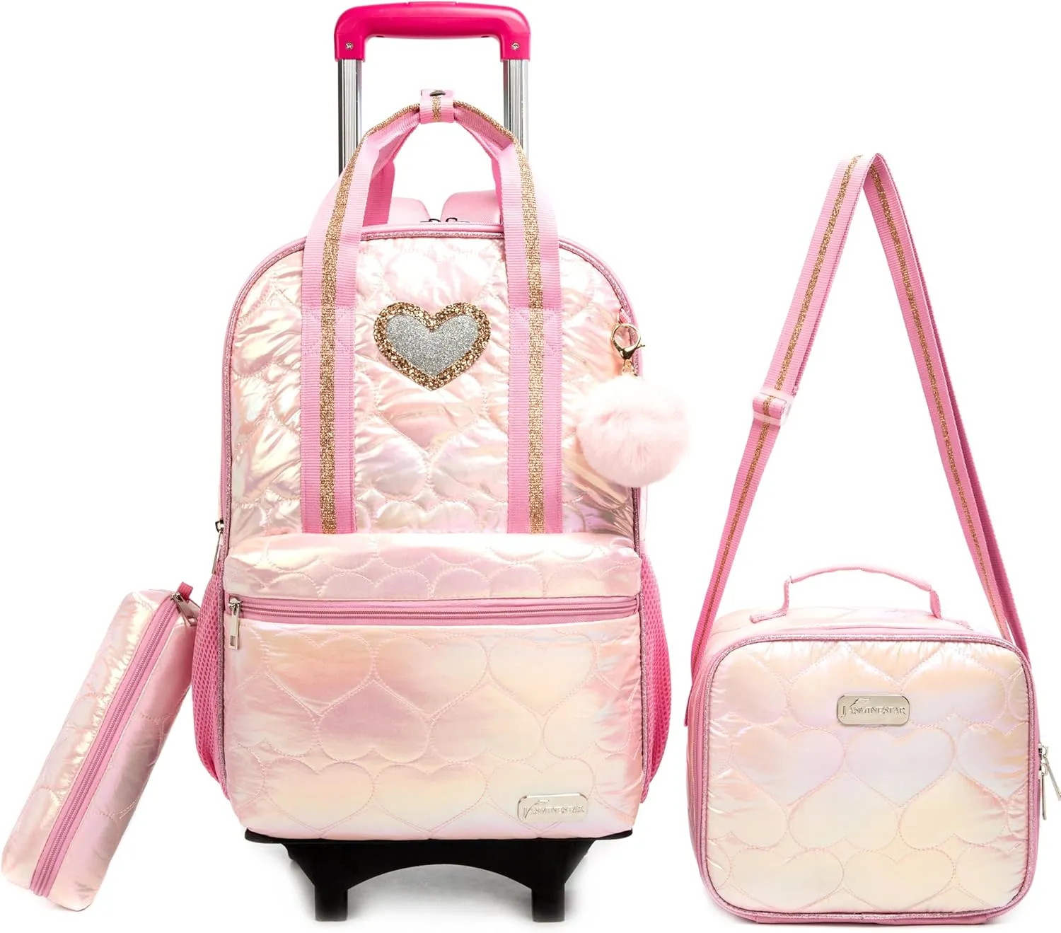 Egchescebo Kids Rolling Backpack for Girls Detachable 17" Flamingo Childrens Luggage with Wheels Toddler Travel Suitcase Backpacks Girl Down Material Kid Lunch Bookbag Escolares Elementary Pink