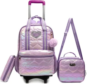 Egchescebo Kids Rolling Backpack for Girls Detachable 17" Flamingo Childrens Luggage with Wheels Toddler Travel Suitcase Backpacks Girl Down Material Kid Lunch Bookbag Escolares Elementary Purple