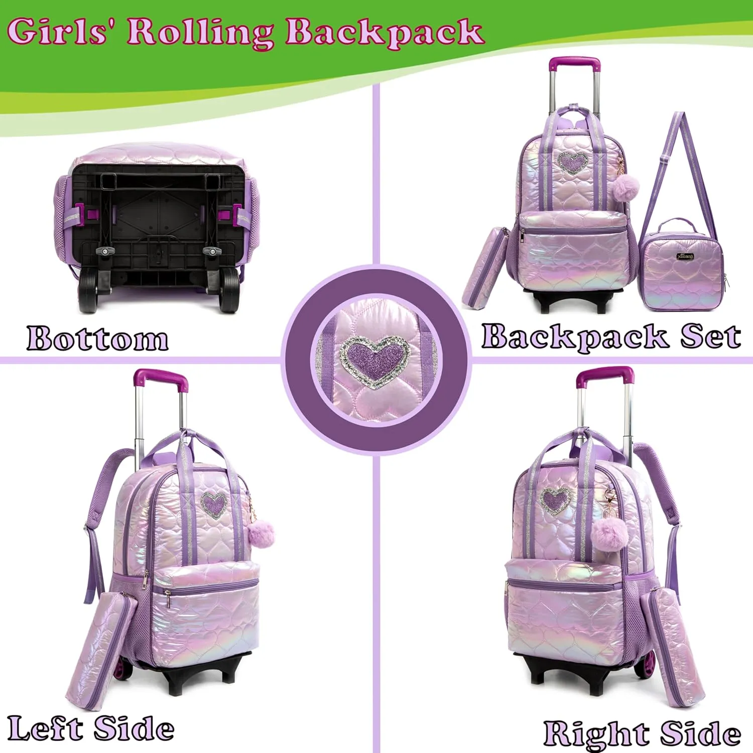 Egchescebo Kids Rolling Backpack for Girls Detachable 17" Flamingo Childrens Luggage with Wheels Toddler Travel Suitcase Backpacks Girl Down Material Kid Lunch Bookbag Escolares Elementary Purple