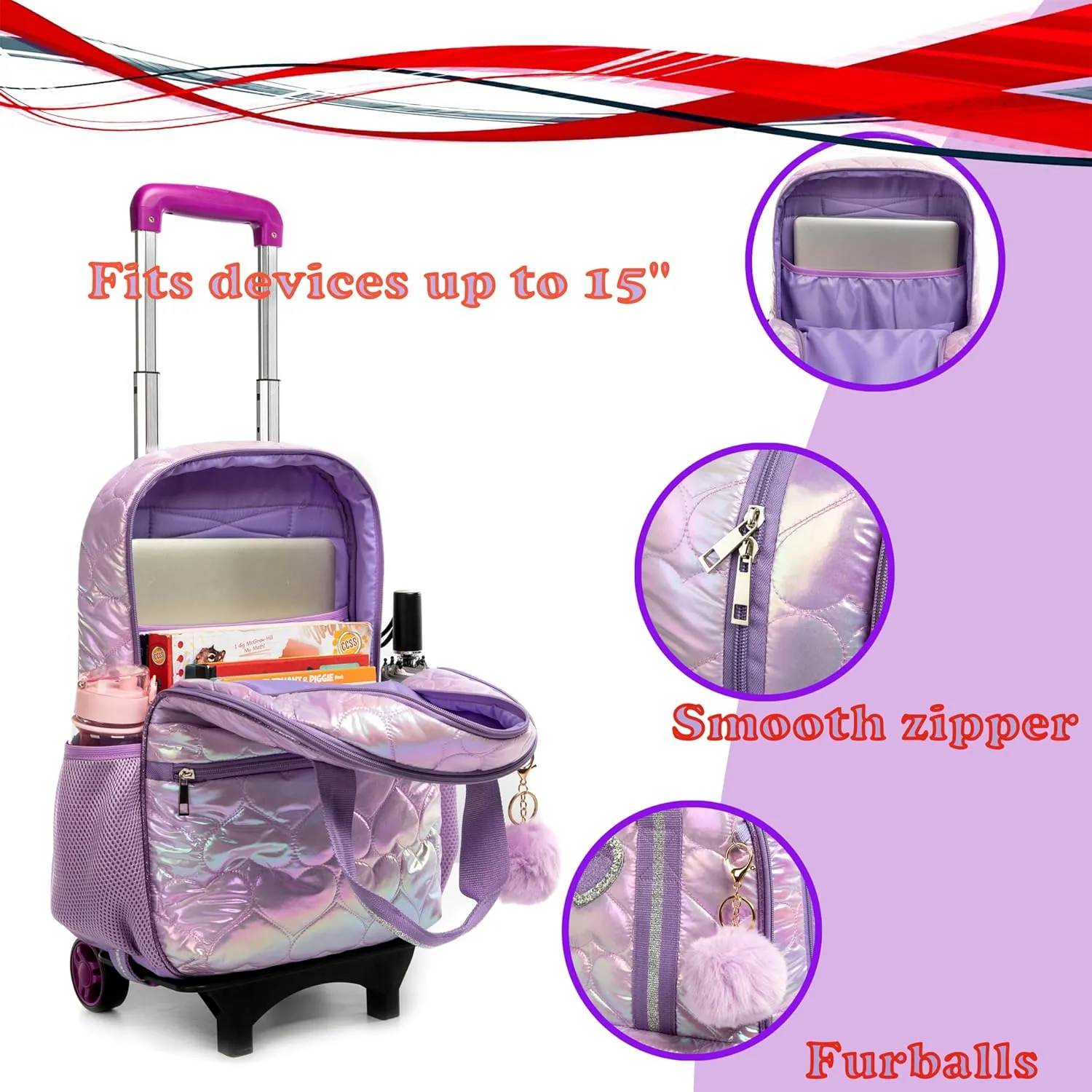 Egchescebo Kids Rolling Backpack for Girls Detachable 17" Flamingo Childrens Luggage with Wheels Toddler Travel Suitcase Backpacks Girl Down Material Kid Lunch Bookbag Escolares Elementary Purple