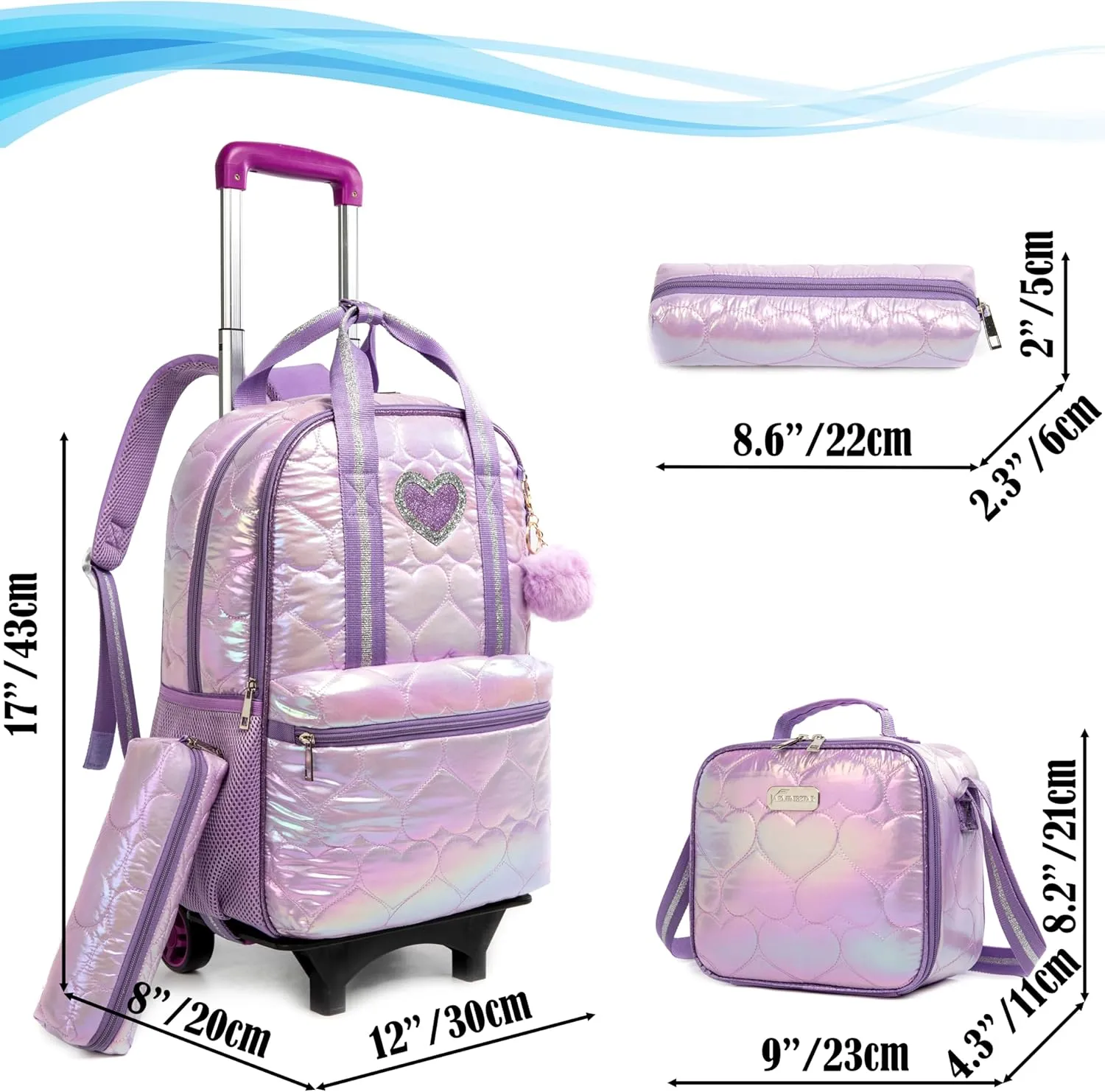 Egchescebo Kids Rolling Backpack for Girls Detachable 17" Flamingo Childrens Luggage with Wheels Toddler Travel Suitcase Backpacks Girl Down Material Kid Lunch Bookbag Escolares Elementary Purple