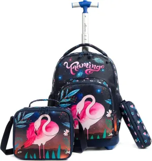 Egchescebo Kids Rolling Backpack for Girls Flamingo Childrens Luggage with Wheels Toddler Travel Suitcase Backpacks Girl Kid Lunch Bookbag Escolares Elementary Mochila con Ruedas para Niñas Black
