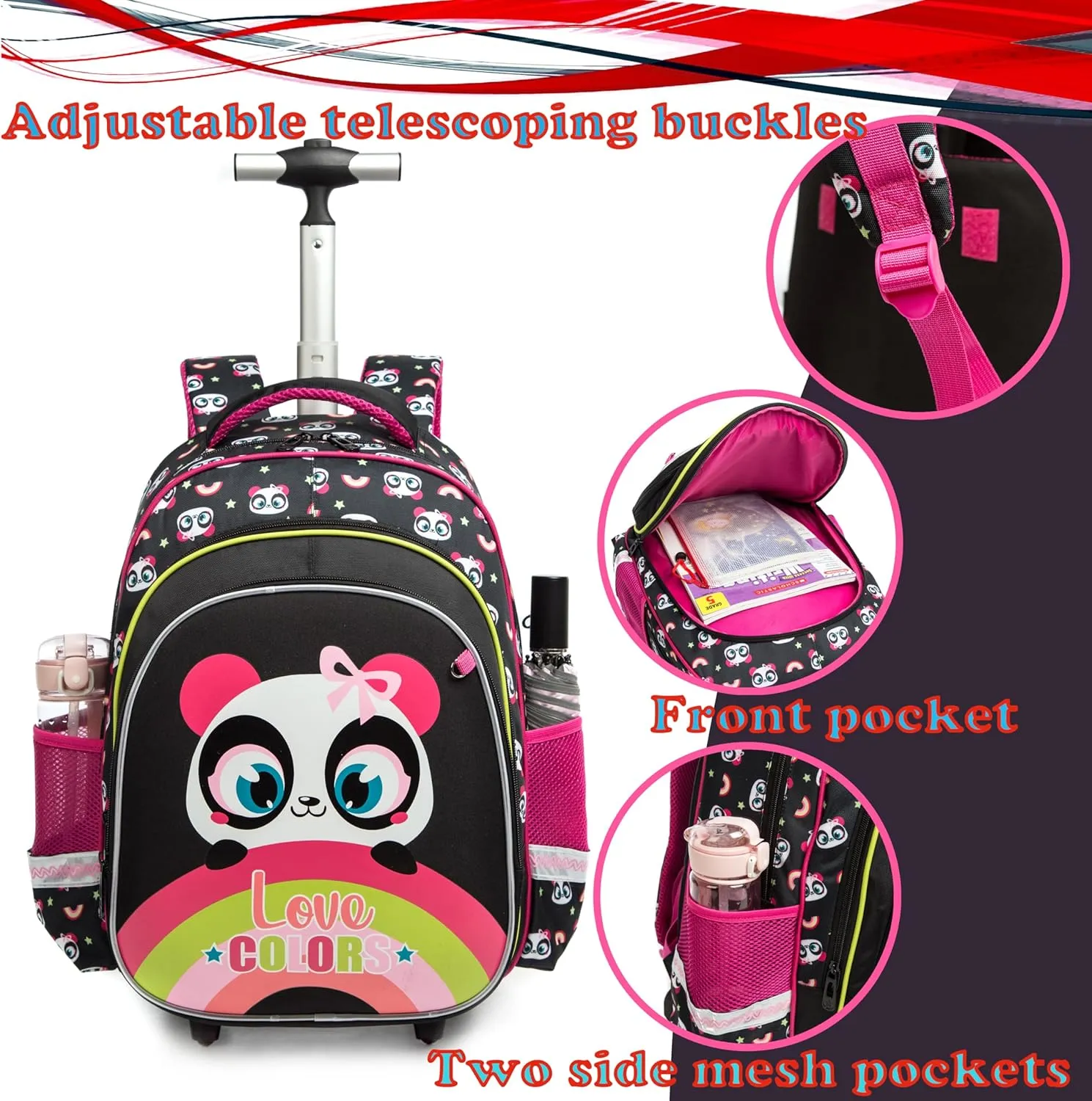 Egchescebo Kids Rolling Backpack for Girls Hard Shell Panda Sharks Childrens Luggage with Wheels Toddler Travel Suitcase Backpacks Girl Lunch Escolares Elementary Mochila con Ruedas para Niñas Black