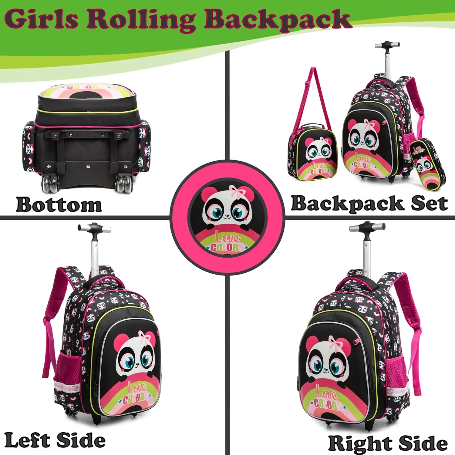 Egchescebo Kids Rolling Backpack for Girls Hard Shell Panda Sharks Childrens Luggage with Wheels Toddler Travel Suitcase Backpacks Girl Lunch Escolares Elementary Mochila con Ruedas para Niñas Black