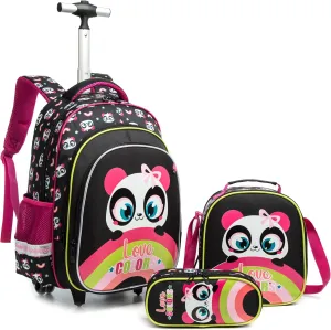 Egchescebo Kids Rolling Backpack for Girls Hard Shell Panda Sharks Childrens Luggage with Wheels Toddler Travel Suitcase Backpacks Girl Lunch Escolares Elementary Mochila con Ruedas para Niñas Black