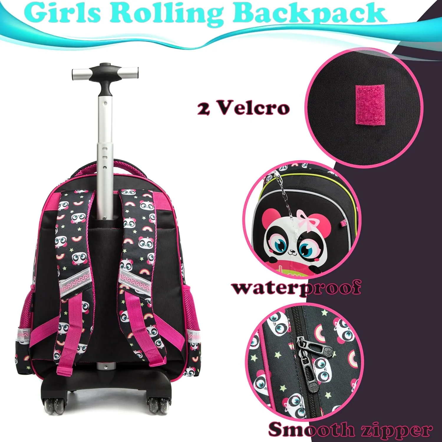 Egchescebo Kids Rolling Backpack for Girls Hard Shell Panda Sharks Childrens Luggage with Wheels Toddler Travel Suitcase Backpacks Girl Lunch Escolares Elementary Mochila con Ruedas para Niñas Black