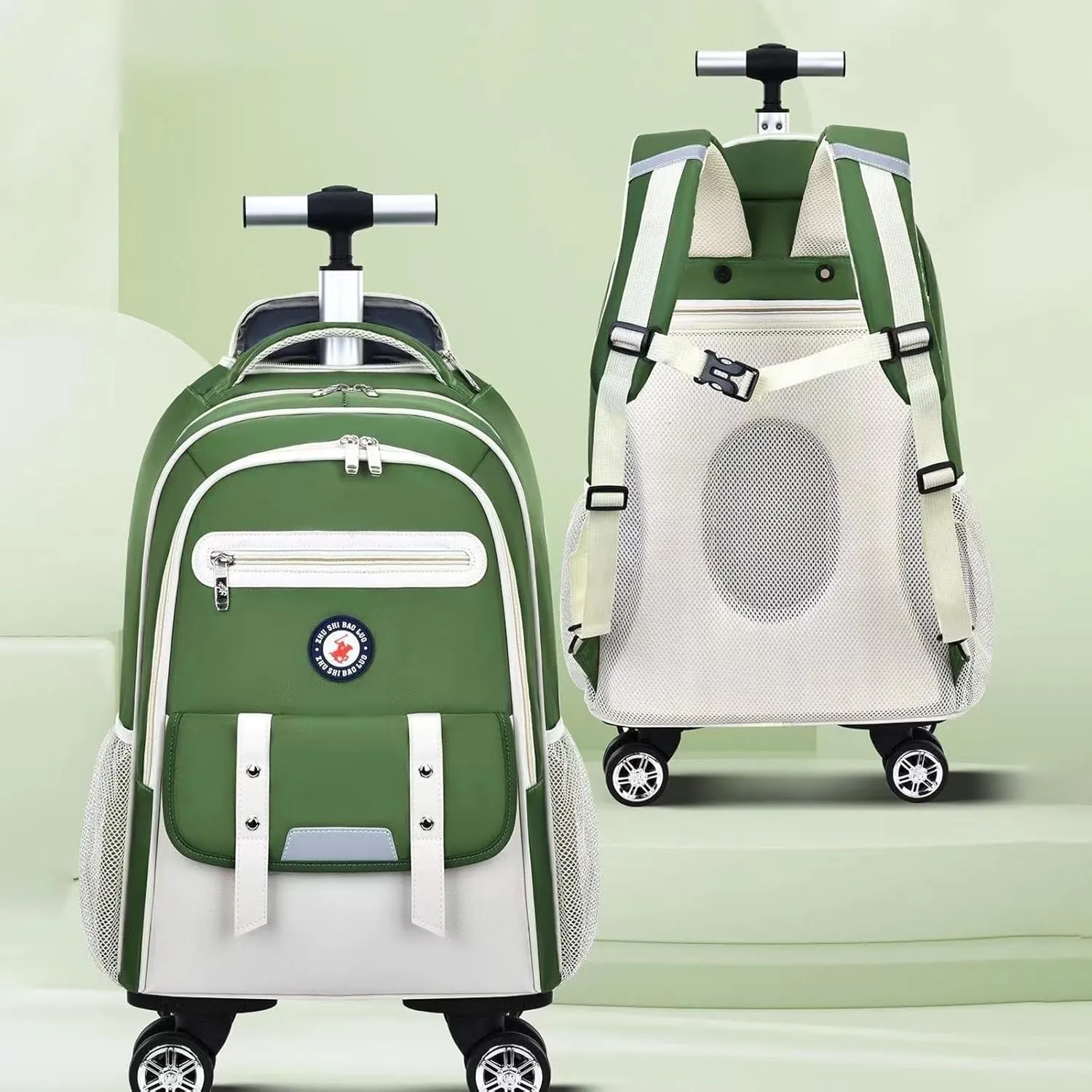 Egchescebo Kids Rolling Backpack for Girls Suitcases Trolley Roller Luggage Backpacks with Rotating Wheels Laptop for Elementary 18” Travel School Bag Mochila Ruedas Para Niños Green