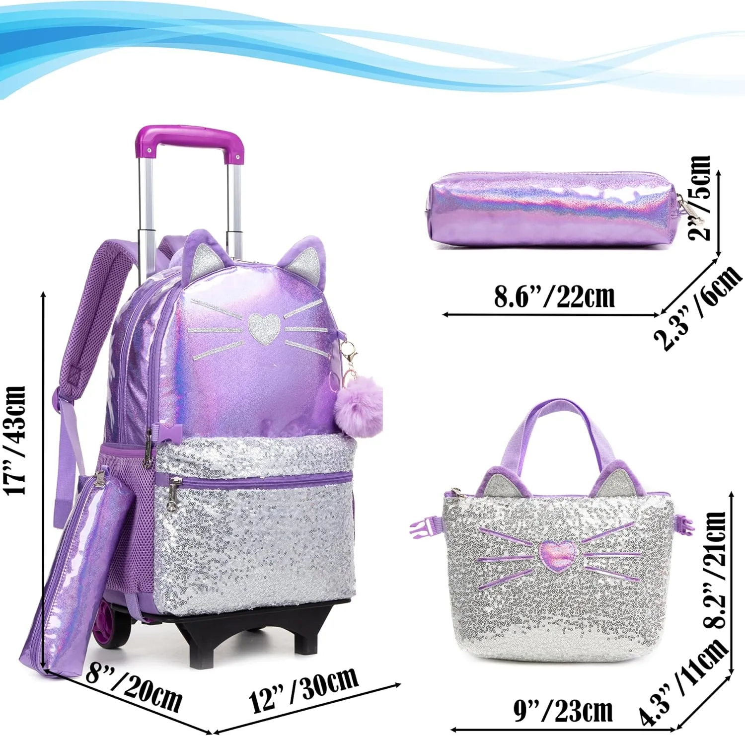 Egchescebo Kids Rolling Cats Backpack for Girls Detachable 17" Flamingo Childrens Luggage with Wheels Toddler Travel Suitcase Leather Backpacks Girl Kid Lunch Bookbag Escolares Elementary Purple