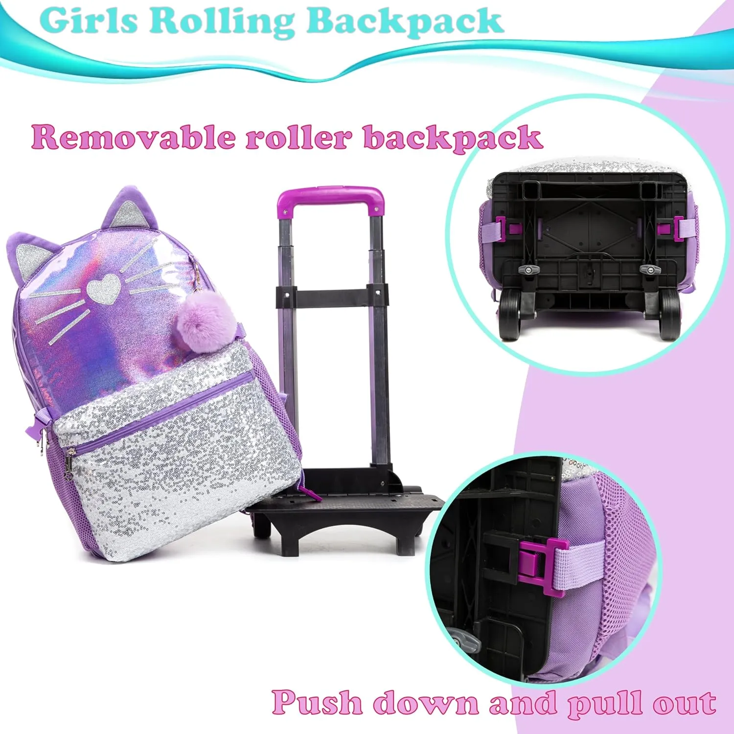 Egchescebo Kids Rolling Cats Backpack for Girls Detachable 17" Flamingo Childrens Luggage with Wheels Toddler Travel Suitcase Leather Backpacks Girl Kid Lunch Bookbag Escolares Elementary Purple