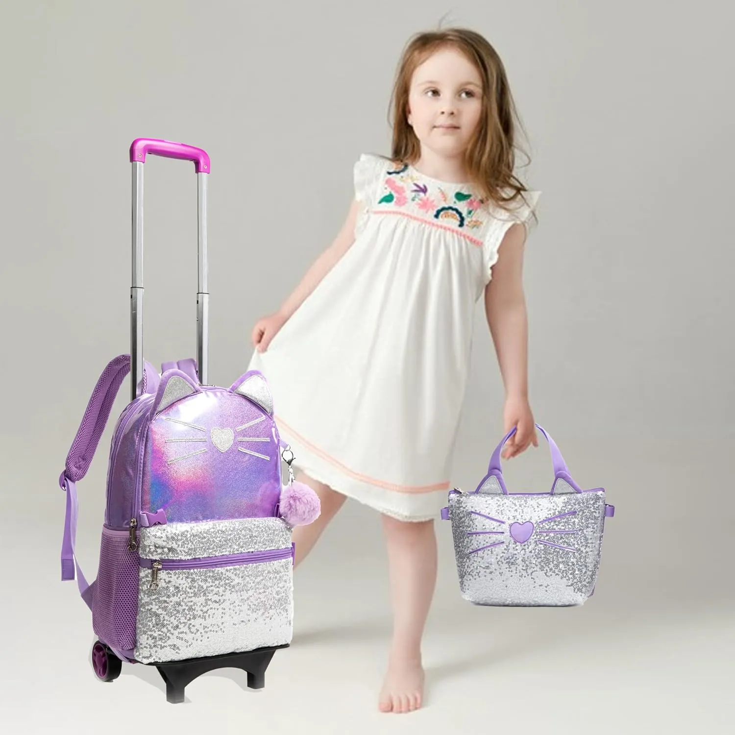 Egchescebo Kids Rolling Cats Backpack for Girls Detachable 17" Flamingo Childrens Luggage with Wheels Toddler Travel Suitcase Leather Backpacks Girl Kid Lunch Bookbag Escolares Elementary Purple