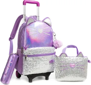 Egchescebo Kids Rolling Cats Backpack for Girls Detachable 17" Flamingo Childrens Luggage with Wheels Toddler Travel Suitcase Leather Backpacks Girl Kid Lunch Bookbag Escolares Elementary Purple
