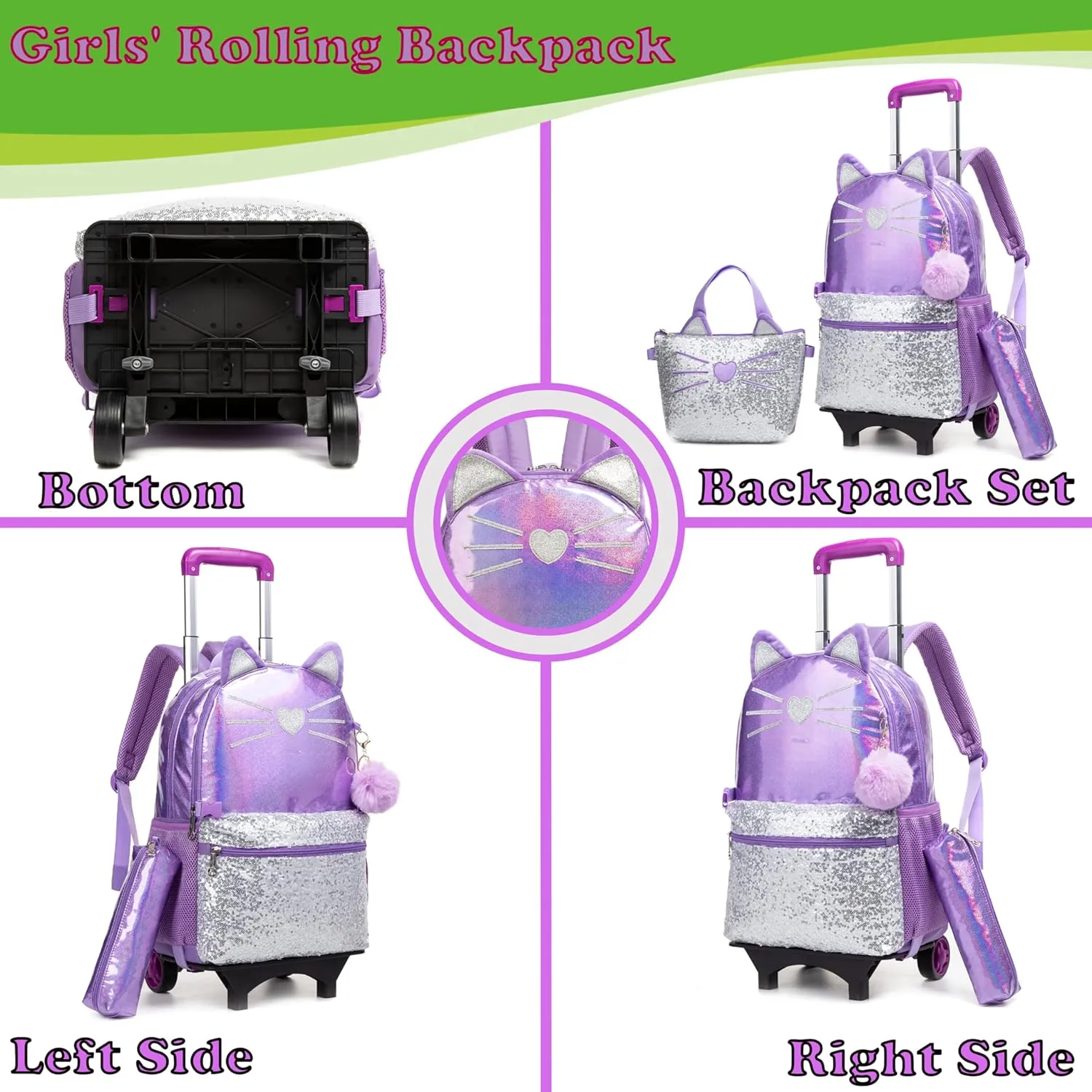 Egchescebo Kids Rolling Cats Backpack for Girls Detachable 17" Flamingo Childrens Luggage with Wheels Toddler Travel Suitcase Leather Backpacks Girl Kid Lunch Bookbag Escolares Elementary Purple