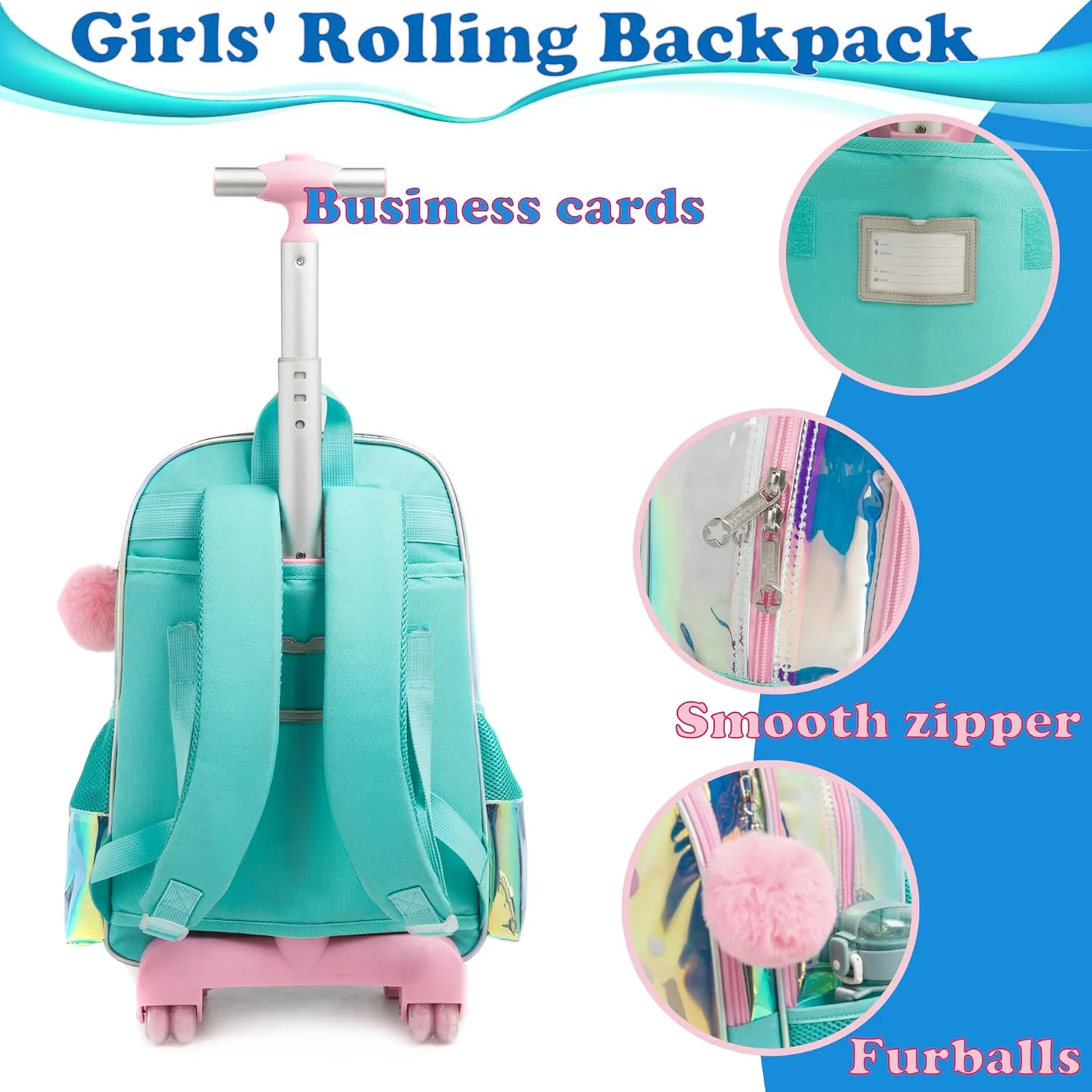 Egchescebo Kids Rolling Clear Mermaid Backpack for Girls 17" Flamingo Childrens Luggage with Wheels Toddler Travel Suitcase Transparent Backpacks Girl Kid Lunch Bookbag Escolares Elementary Blue