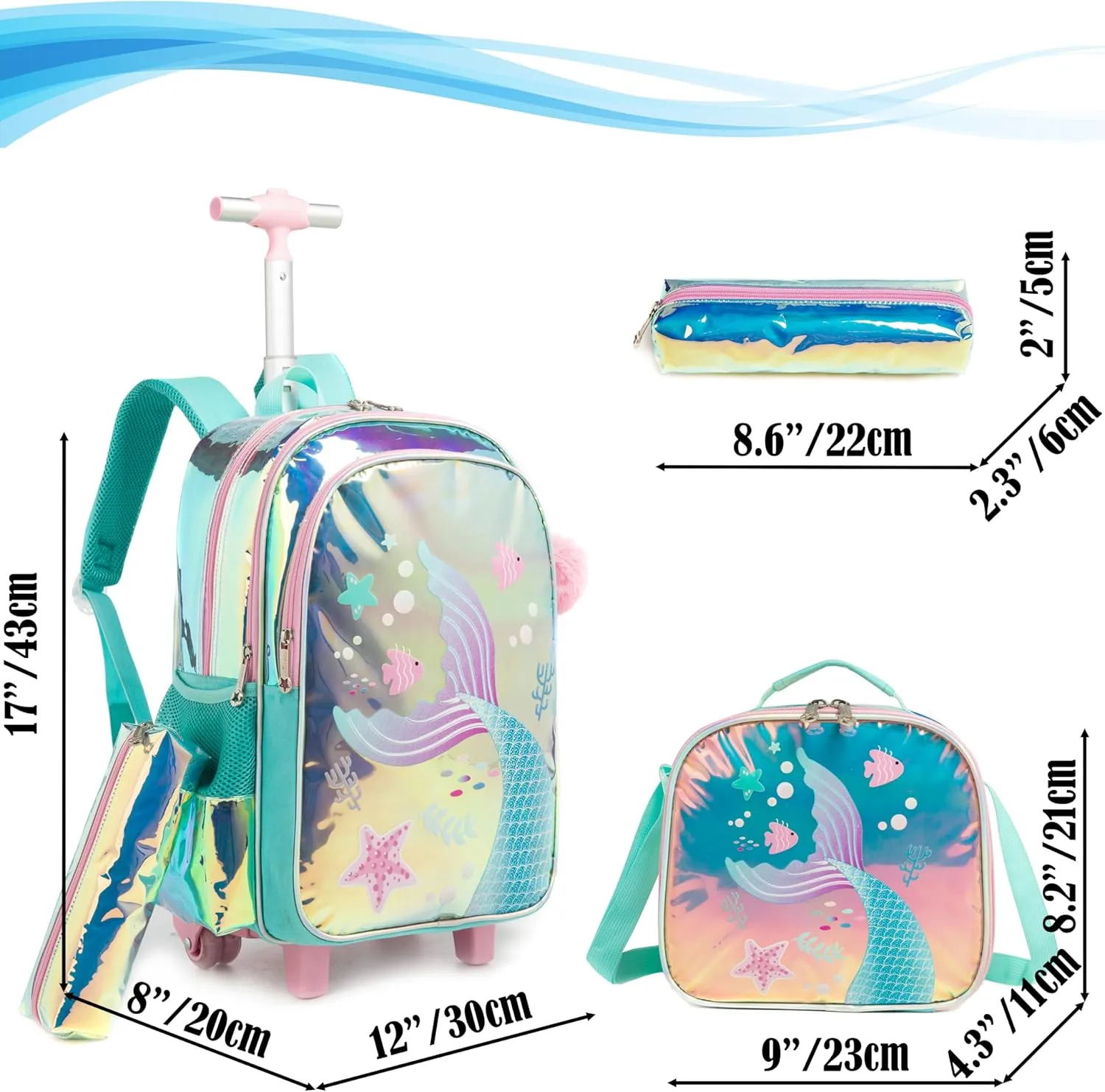 Egchescebo Kids Rolling Clear Mermaid Backpack for Girls 17" Flamingo Childrens Luggage with Wheels Toddler Travel Suitcase Transparent Backpacks Girl Kid Lunch Bookbag Escolares Elementary Blue
