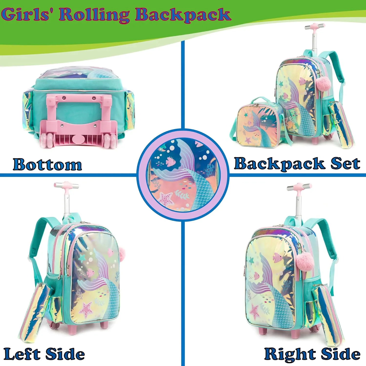 Egchescebo Kids Rolling Clear Mermaid Backpack for Girls 17" Flamingo Childrens Luggage with Wheels Toddler Travel Suitcase Transparent Backpacks Girl Kid Lunch Bookbag Escolares Elementary Blue