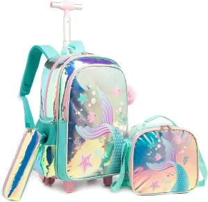 Egchescebo Kids Rolling Clear Mermaid Backpack for Girls 17" Flamingo Childrens Luggage with Wheels Toddler Travel Suitcase Transparent Backpacks Girl Kid Lunch Bookbag Escolares Elementary Blue