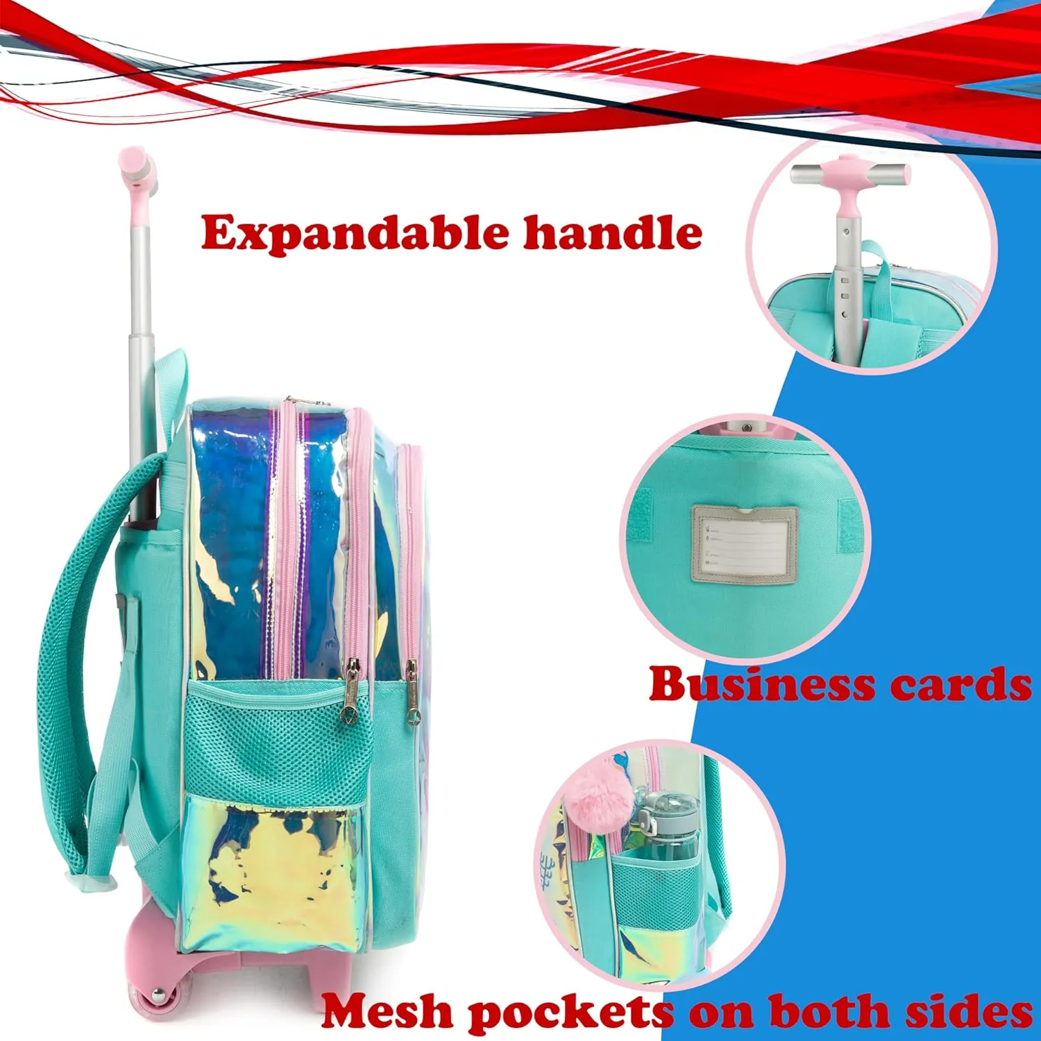 Egchescebo Kids Rolling Clear Mermaid Backpack for Girls 17" Flamingo Childrens Luggage with Wheels Toddler Travel Suitcase Transparent Backpacks Girl Kid Lunch Bookbag Escolares Elementary Blue