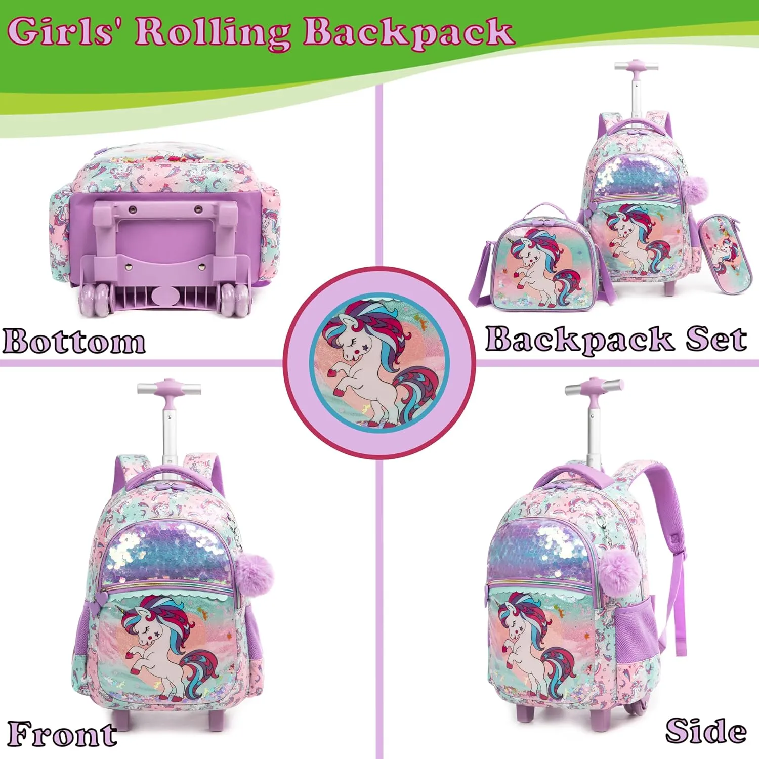 Egchescebo Kids Rolling Flower Cloth Unicorn Backpack for Girls Flamingo Childrens Luggage with Wheels Toddler Travel Suitcase Transparent Backpacks Girl Kid Lunch Bookbag Escolares Elementary Pink