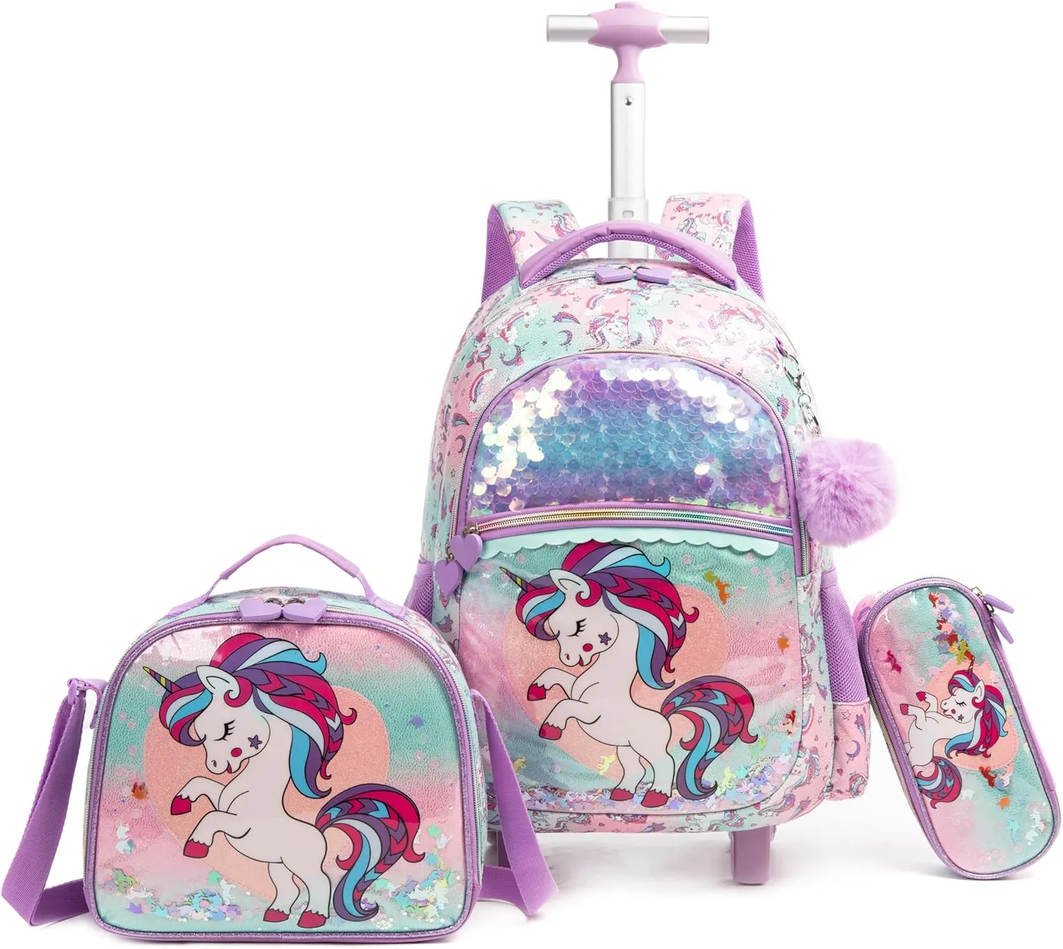 Egchescebo Kids Rolling Flower Cloth Unicorn Backpack for Girls Flamingo Childrens Luggage with Wheels Toddler Travel Suitcase Transparent Backpacks Girl Kid Lunch Bookbag Escolares Elementary Pink