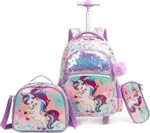 Egchescebo Kids Rolling Flower Cloth Unicorn Backpack for Girls Flamingo Childrens Luggage with Wheels Toddler Travel Suitcase Transparent Backpacks Girl Kid Lunch Bookbag Escolares Elementary Pink