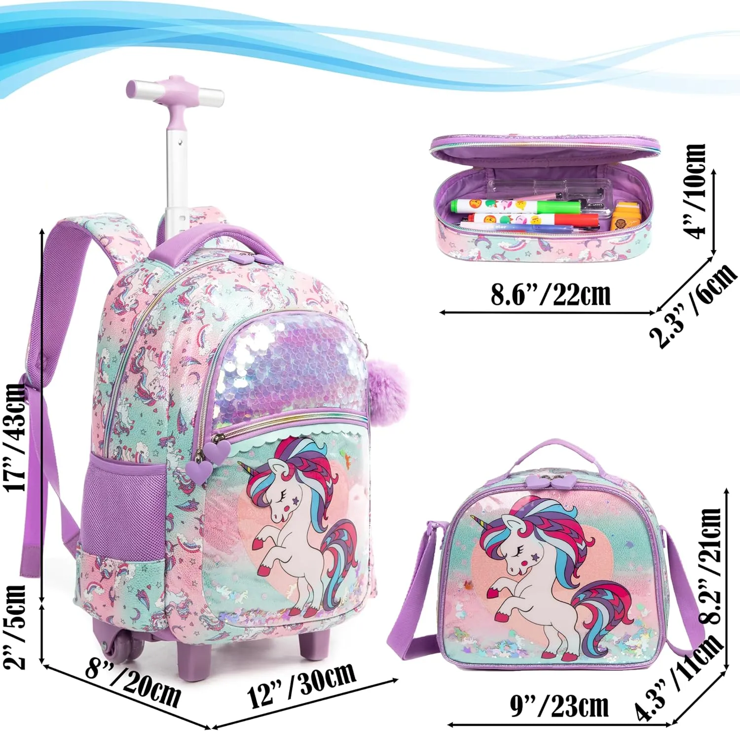 Egchescebo Kids Rolling Flower Cloth Unicorn Backpack for Girls Flamingo Childrens Luggage with Wheels Toddler Travel Suitcase Transparent Backpacks Girl Kid Lunch Bookbag Escolares Elementary Pink
