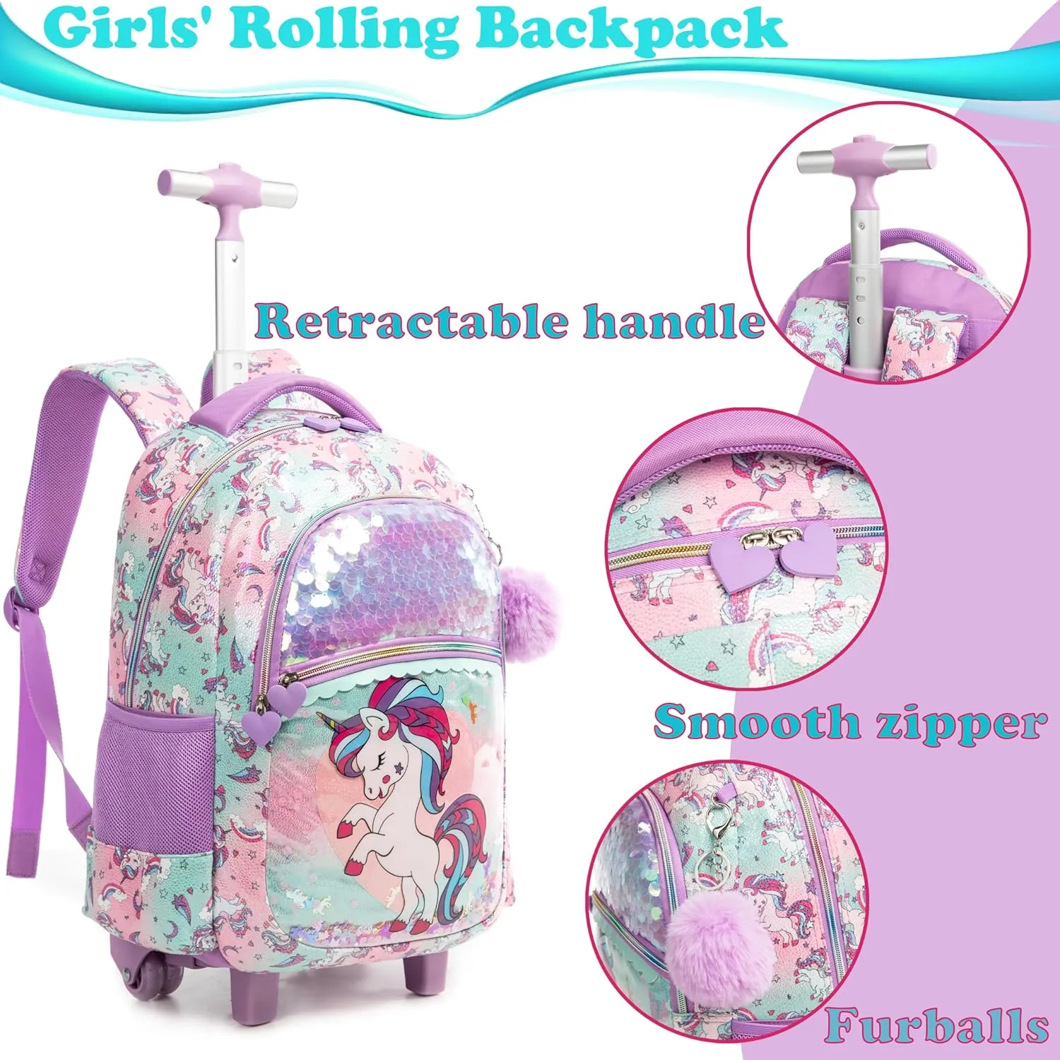 Egchescebo Kids Rolling Flower Cloth Unicorn Backpack for Girls Flamingo Childrens Luggage with Wheels Toddler Travel Suitcase Transparent Backpacks Girl Kid Lunch Bookbag Escolares Elementary Pink