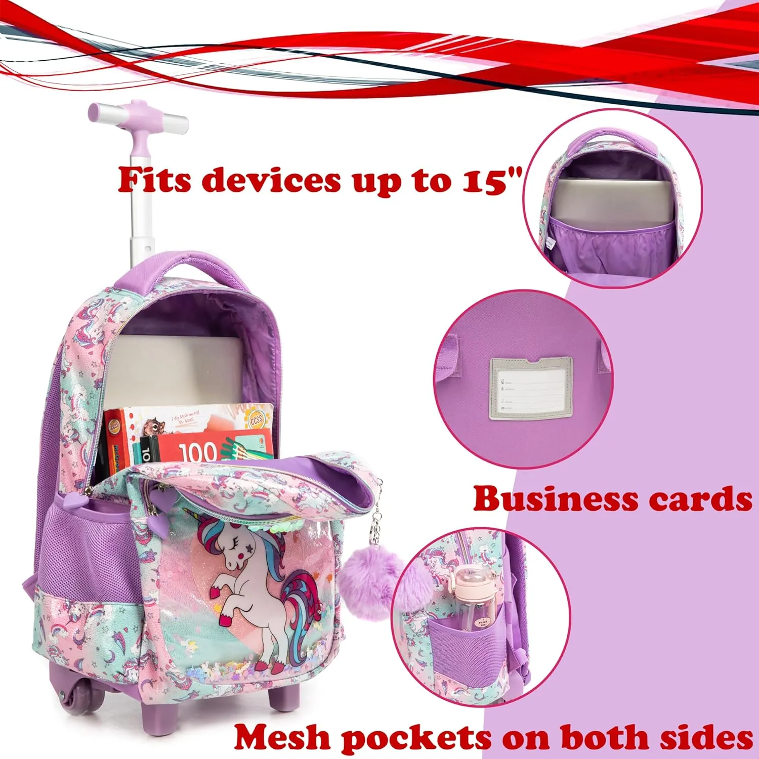 Egchescebo Kids Rolling Flower Cloth Unicorn Backpack for Girls Flamingo Childrens Luggage with Wheels Toddler Travel Suitcase Transparent Backpacks Girl Kid Lunch Bookbag Escolares Elementary Pink