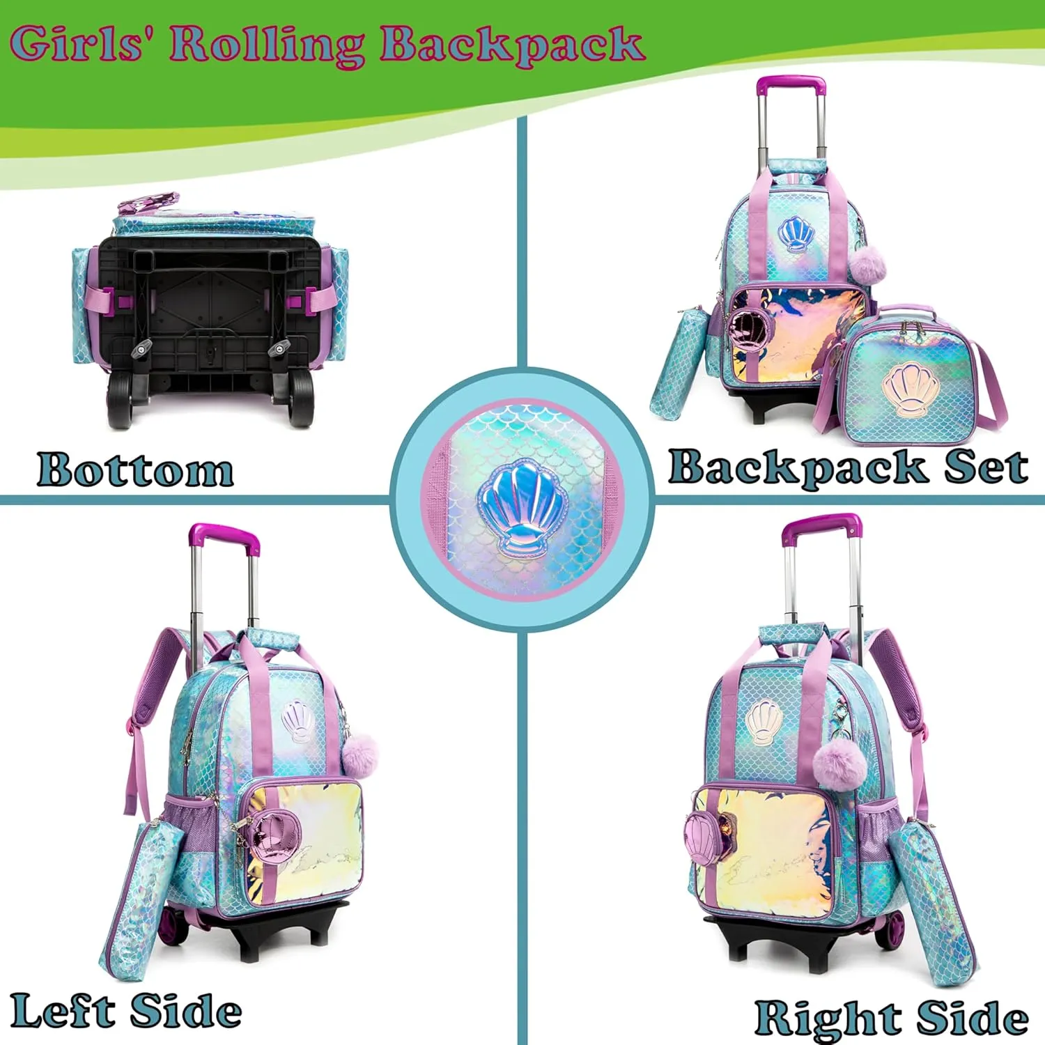 Egchescebo Kids Rolling Seashell Coin Purse Backpack for Girls Detachable 17" Flamingo Childrens Luggage with Wheels Toddler Travel Suitcase Backpacks Girl Kid Lunch Bookbag Escolares Elementary Blue
