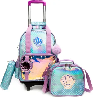 Egchescebo Kids Rolling Seashell Coin Purse Backpack for Girls Detachable 17" Flamingo Childrens Luggage with Wheels Toddler Travel Suitcase Backpacks Girl Kid Lunch Bookbag Escolares Elementary Blue