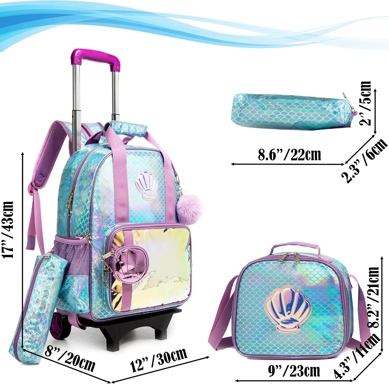 Egchescebo Kids Rolling Seashell Coin Purse Backpack for Girls Detachable 17" Flamingo Childrens Luggage with Wheels Toddler Travel Suitcase Backpacks Girl Kid Lunch Bookbag Escolares Elementary Blue