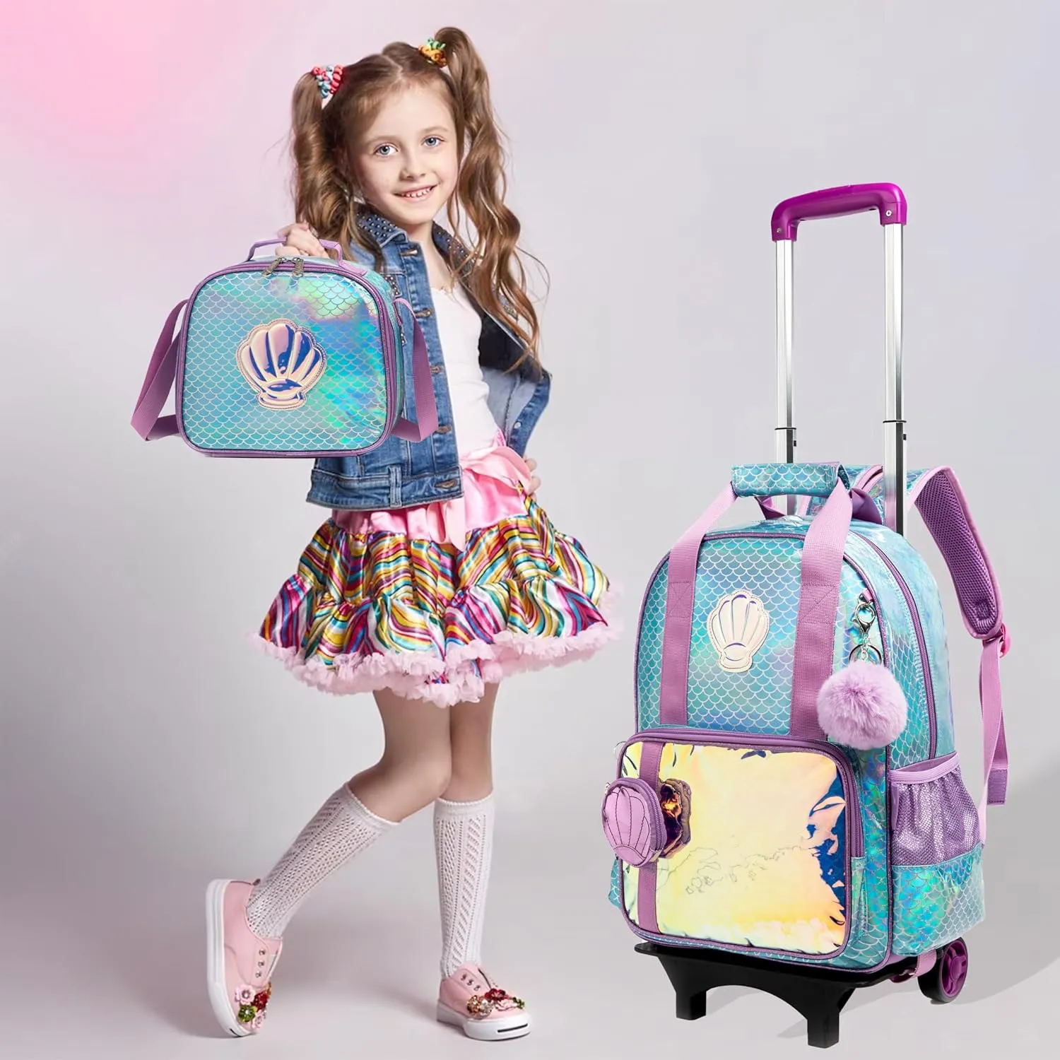 Egchescebo Kids Rolling Seashell Coin Purse Backpack for Girls Detachable 17" Flamingo Childrens Luggage with Wheels Toddler Travel Suitcase Backpacks Girl Kid Lunch Bookbag Escolares Elementary Blue
