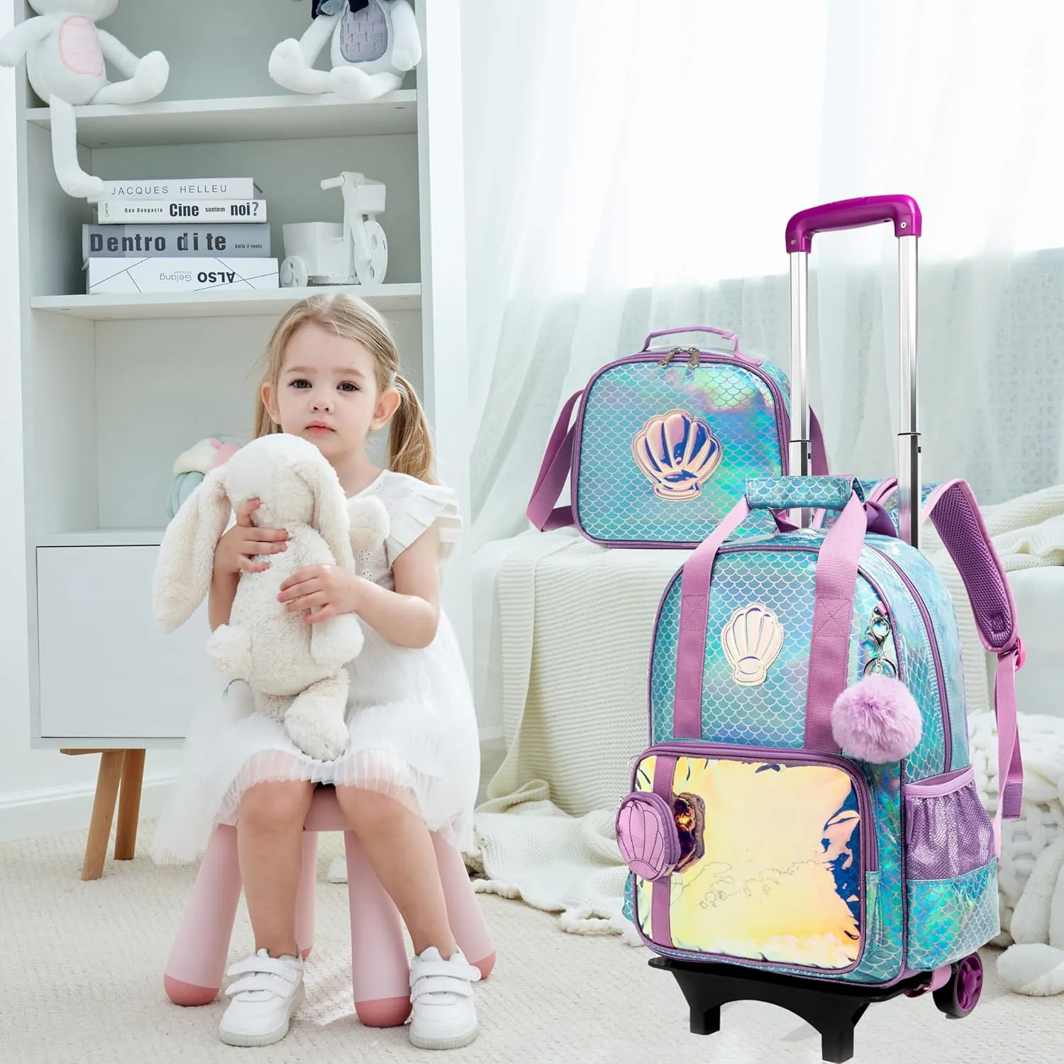 Egchescebo Kids Rolling Seashell Coin Purse Backpack for Girls Detachable 17" Flamingo Childrens Luggage with Wheels Toddler Travel Suitcase Backpacks Girl Kid Lunch Bookbag Escolares Elementary Blue