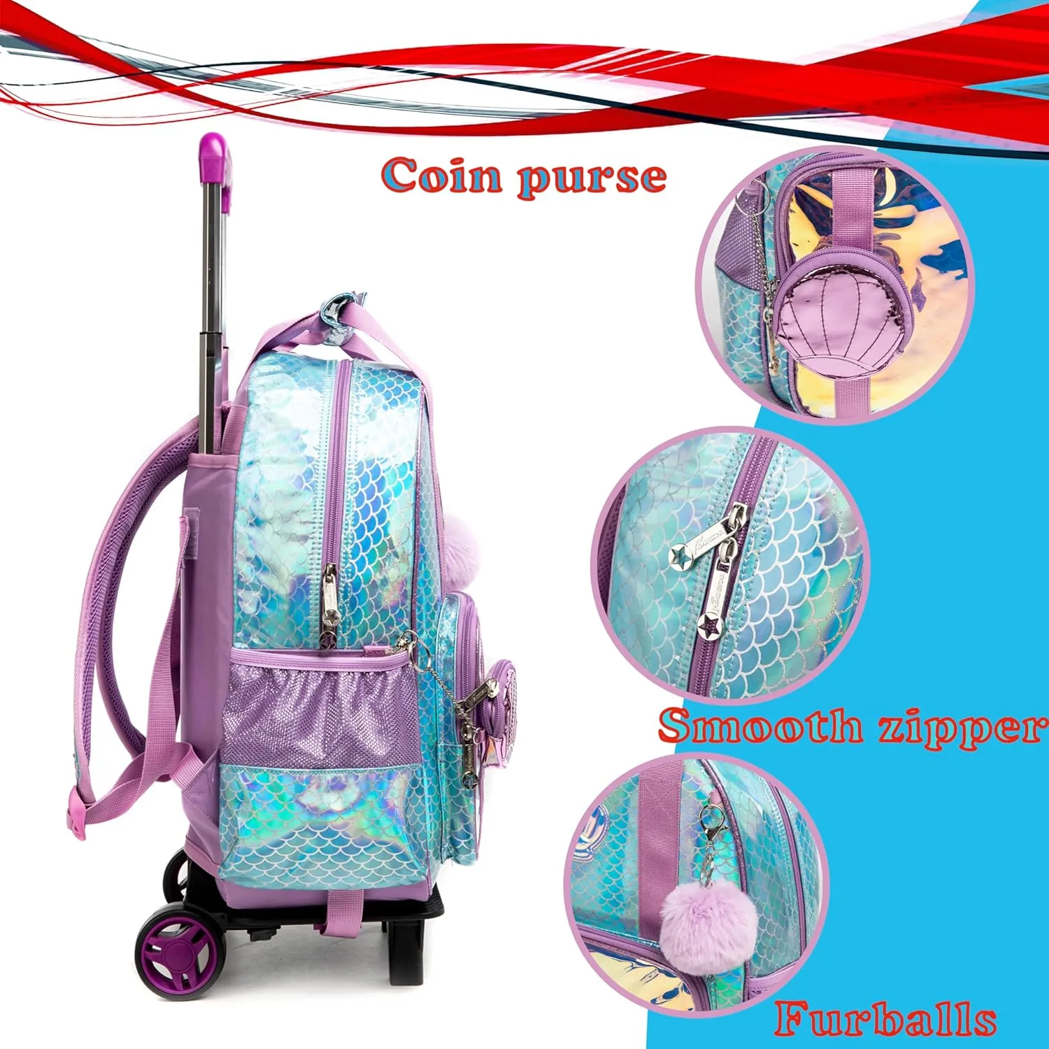Egchescebo Kids Rolling Seashell Coin Purse Backpack for Girls Detachable 17" Flamingo Childrens Luggage with Wheels Toddler Travel Suitcase Backpacks Girl Kid Lunch Bookbag Escolares Elementary Blue