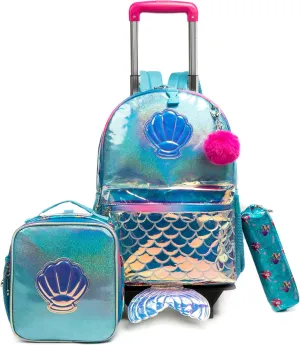 Egchescebo Kids Rolling Seashell Mermaid Backpack for Girls Detachable 17" Flamingo Childrens Luggage with Wheels Toddler Travel Suitcase Backpacks Girl Kid Lunch Bookbag Escolares Elementary Blue