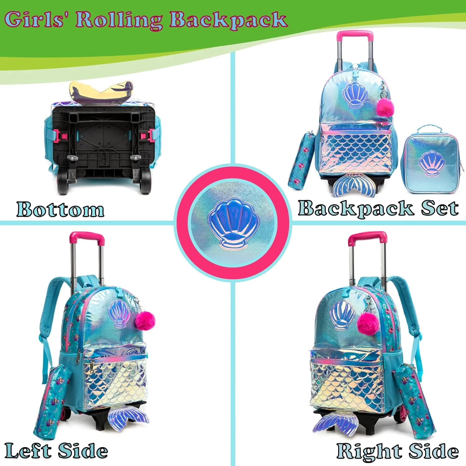 Egchescebo Kids Rolling Seashell Mermaid Backpack for Girls Detachable 17" Flamingo Childrens Luggage with Wheels Toddler Travel Suitcase Backpacks Girl Kid Lunch Bookbag Escolares Elementary Blue