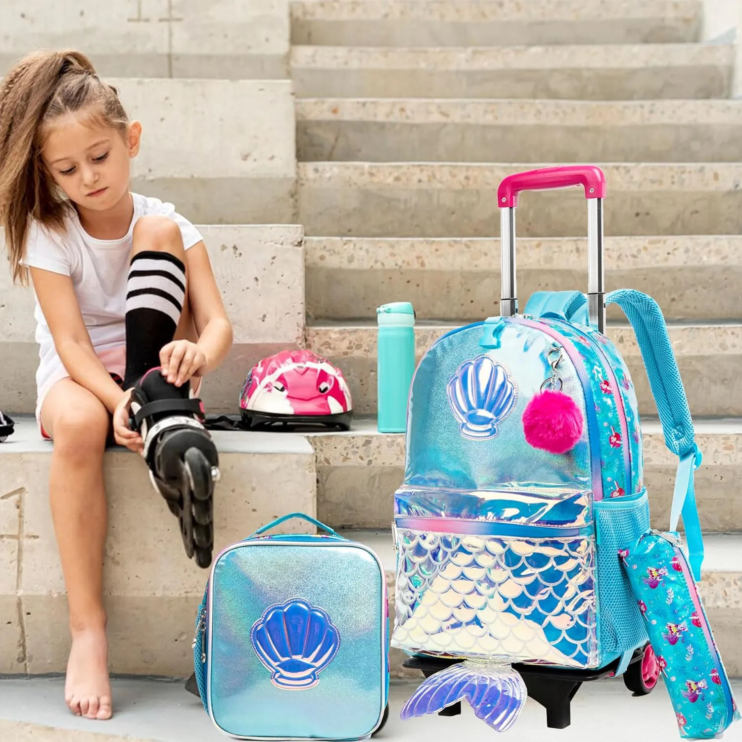 Egchescebo Kids Rolling Seashell Mermaid Backpack for Girls Detachable 17" Flamingo Childrens Luggage with Wheels Toddler Travel Suitcase Backpacks Girl Kid Lunch Bookbag Escolares Elementary Blue