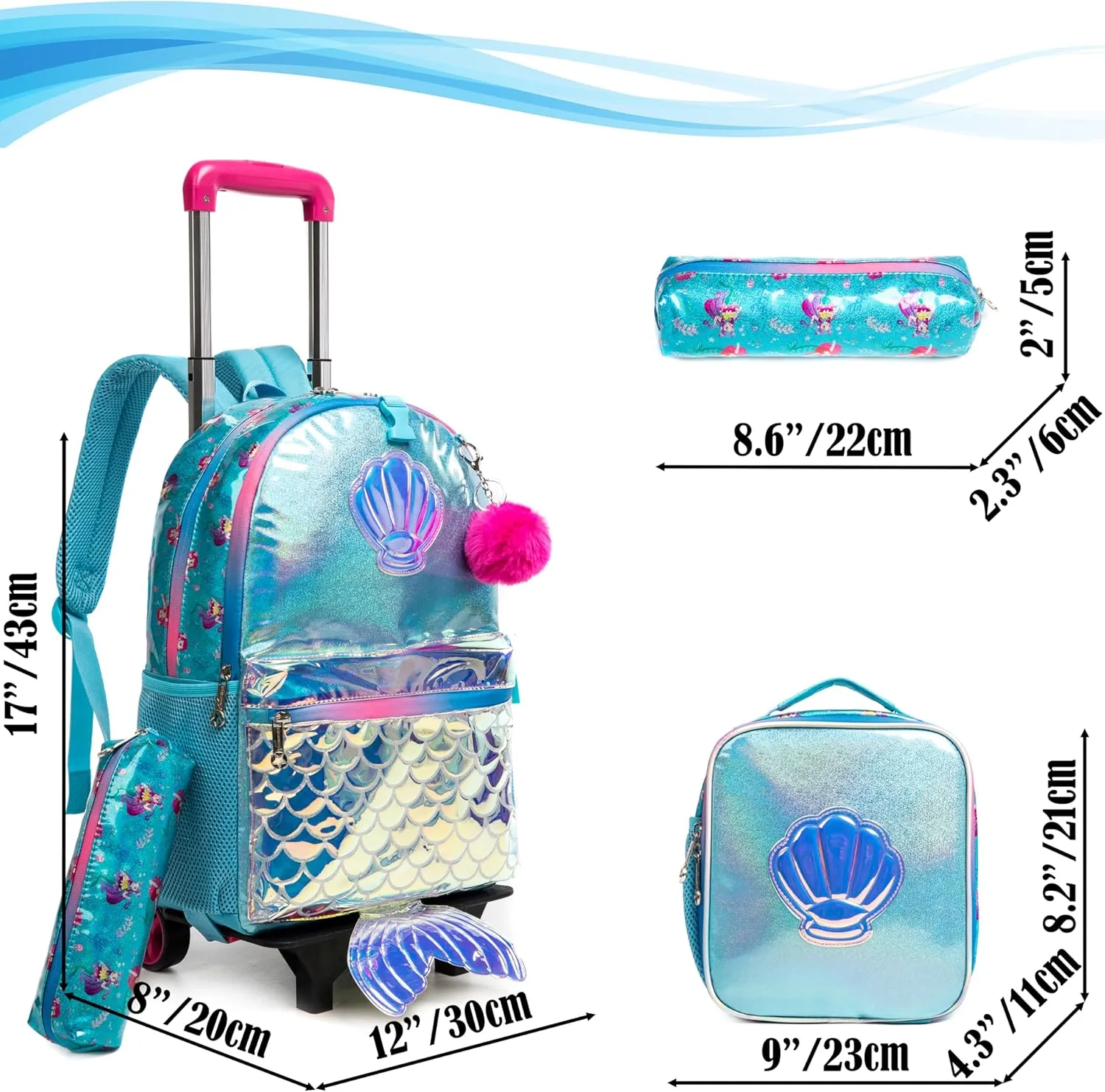 Egchescebo Kids Rolling Seashell Mermaid Backpack for Girls Detachable 17" Flamingo Childrens Luggage with Wheels Toddler Travel Suitcase Backpacks Girl Kid Lunch Bookbag Escolares Elementary Blue