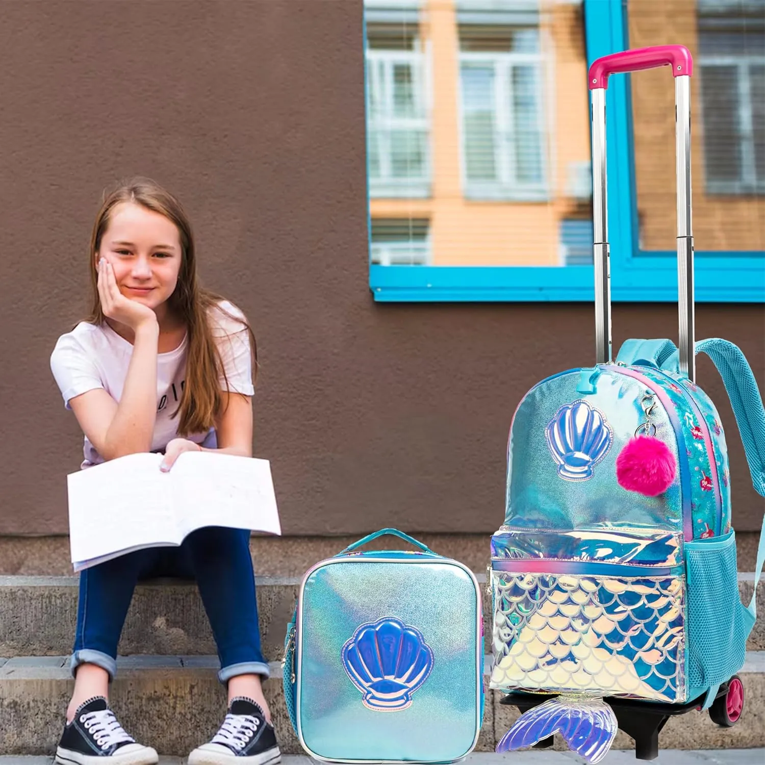 Egchescebo Kids Rolling Seashell Mermaid Backpack for Girls Detachable 17" Flamingo Childrens Luggage with Wheels Toddler Travel Suitcase Backpacks Girl Kid Lunch Bookbag Escolares Elementary Blue