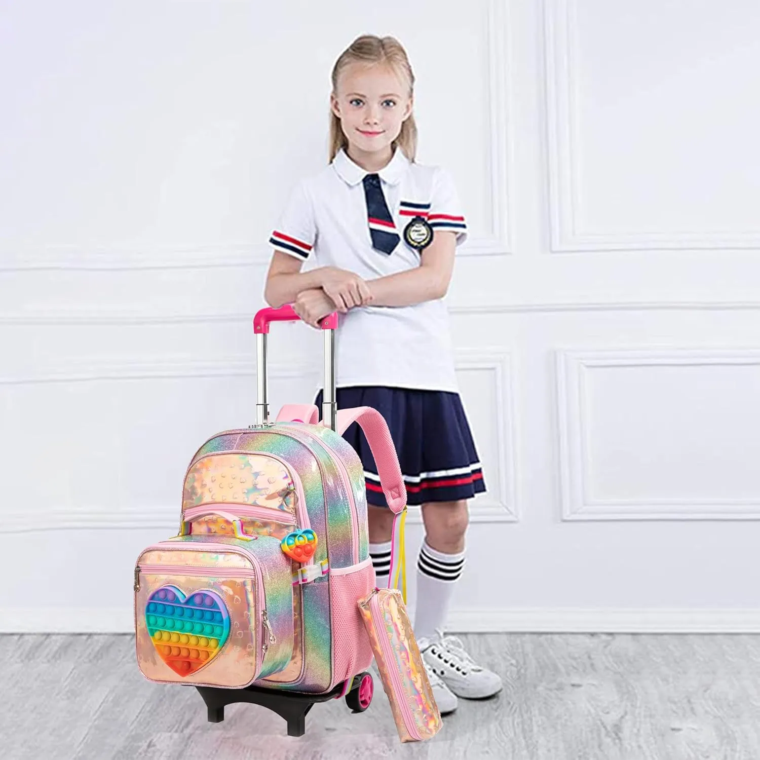 Egchescebo Kids Rolling Toys Love Backpack for Girls Detachable 17" Flamingo Childrens Luggage with Wheels Toddler Travel Suitcase Backpacks Girl Leather Kid Lunch Bookbag Escolares Elementary Golden