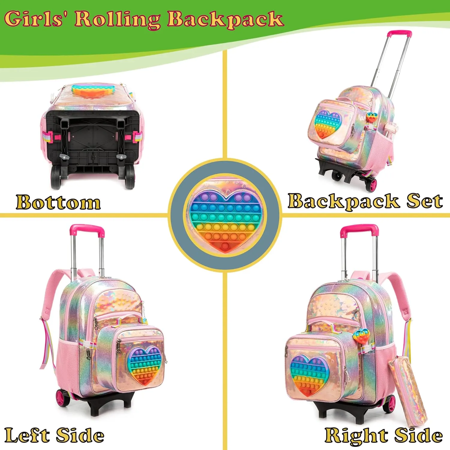 Egchescebo Kids Rolling Toys Love Backpack for Girls Detachable 17" Flamingo Childrens Luggage with Wheels Toddler Travel Suitcase Backpacks Girl Leather Kid Lunch Bookbag Escolares Elementary Golden