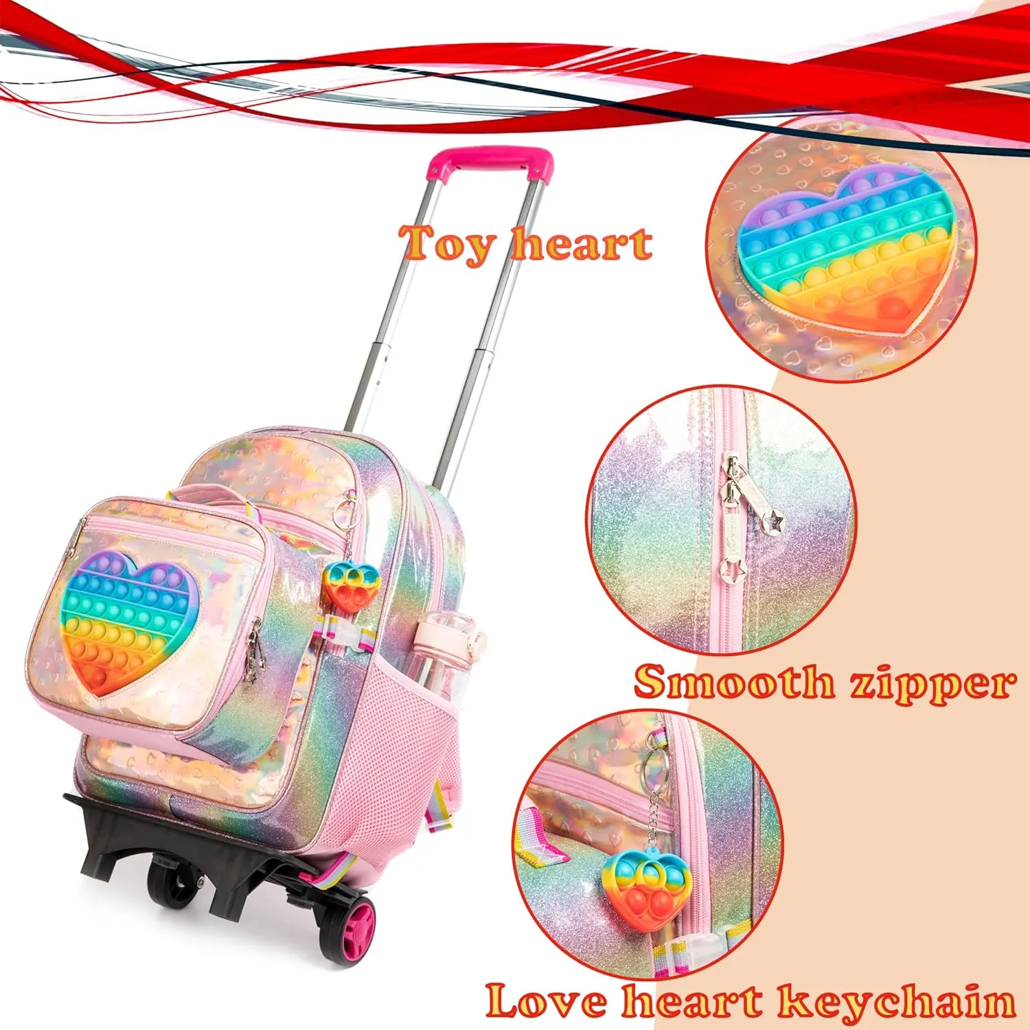 Egchescebo Kids Rolling Toys Love Backpack for Girls Detachable 17" Flamingo Childrens Luggage with Wheels Toddler Travel Suitcase Backpacks Girl Leather Kid Lunch Bookbag Escolares Elementary Golden