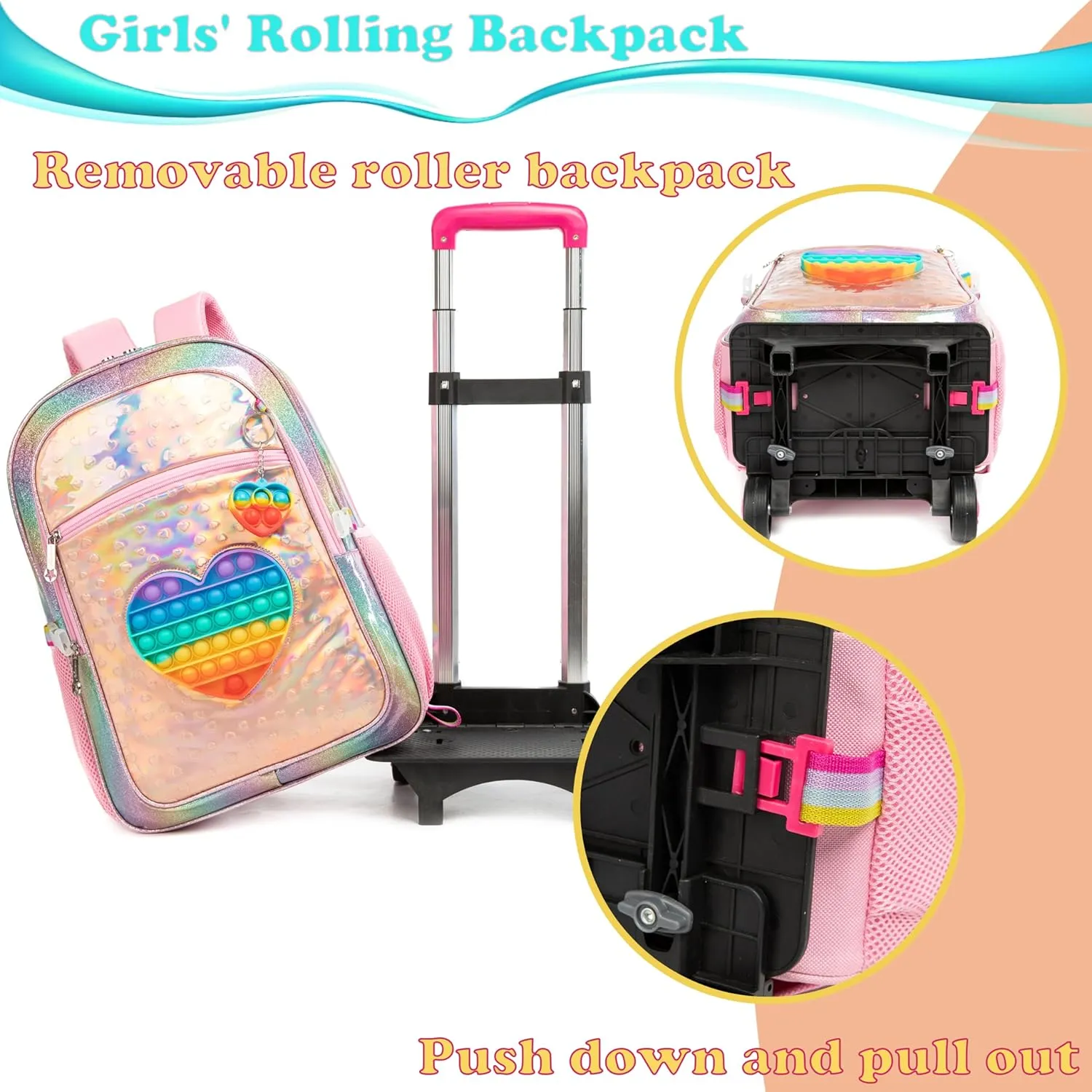 Egchescebo Kids Rolling Toys Love Backpack for Girls Detachable 17" Flamingo Childrens Luggage with Wheels Toddler Travel Suitcase Backpacks Girl Leather Kid Lunch Bookbag Escolares Elementary Golden