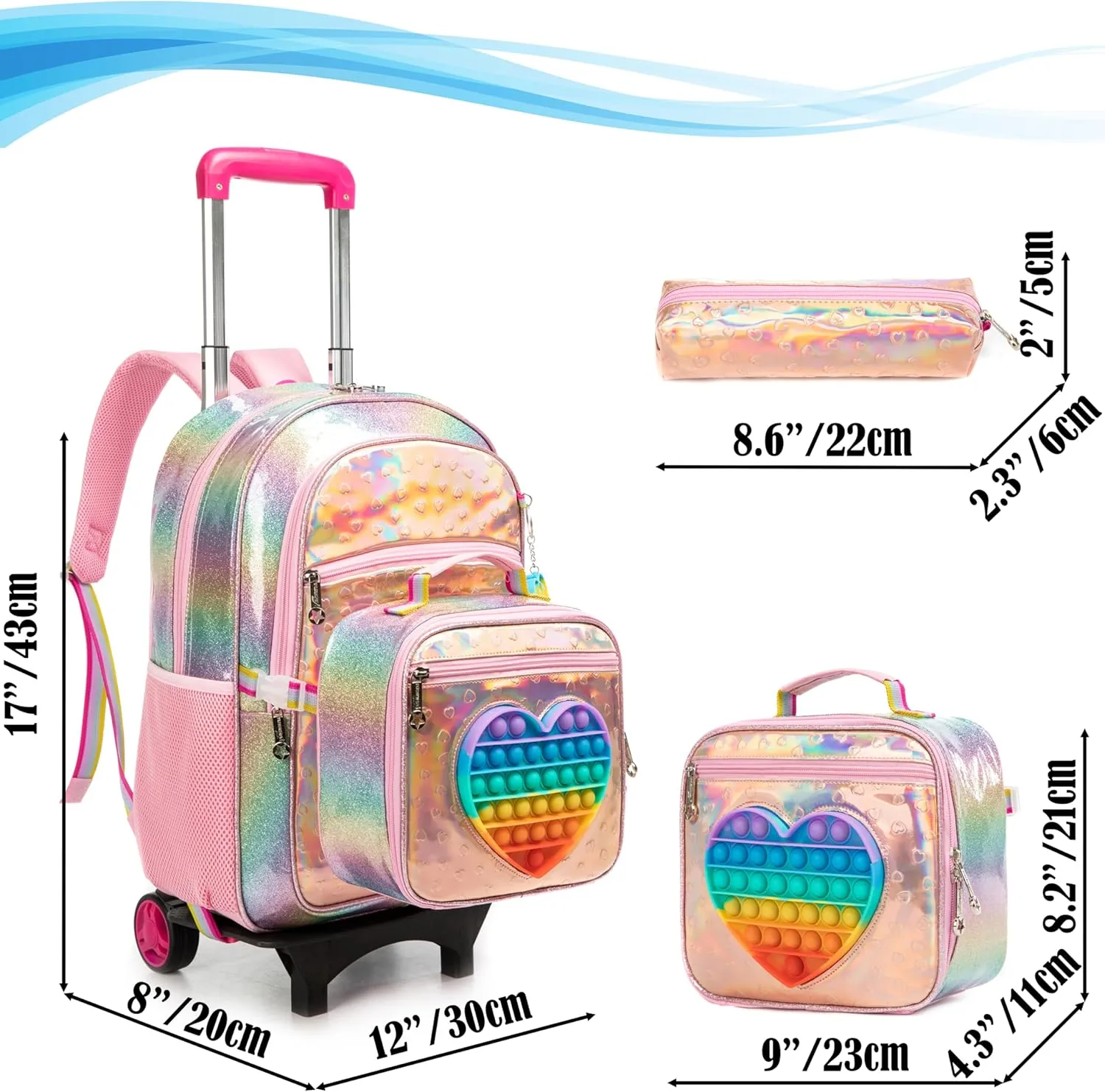 Egchescebo Kids Rolling Toys Love Backpack for Girls Detachable 17" Flamingo Childrens Luggage with Wheels Toddler Travel Suitcase Backpacks Girl Leather Kid Lunch Bookbag Escolares Elementary Golden