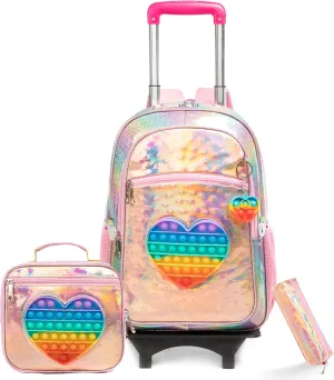 Egchescebo Kids Rolling Toys Love Backpack for Girls Detachable 17" Flamingo Childrens Luggage with Wheels Toddler Travel Suitcase Backpacks Girl Leather Kid Lunch Bookbag Escolares Elementary Golden